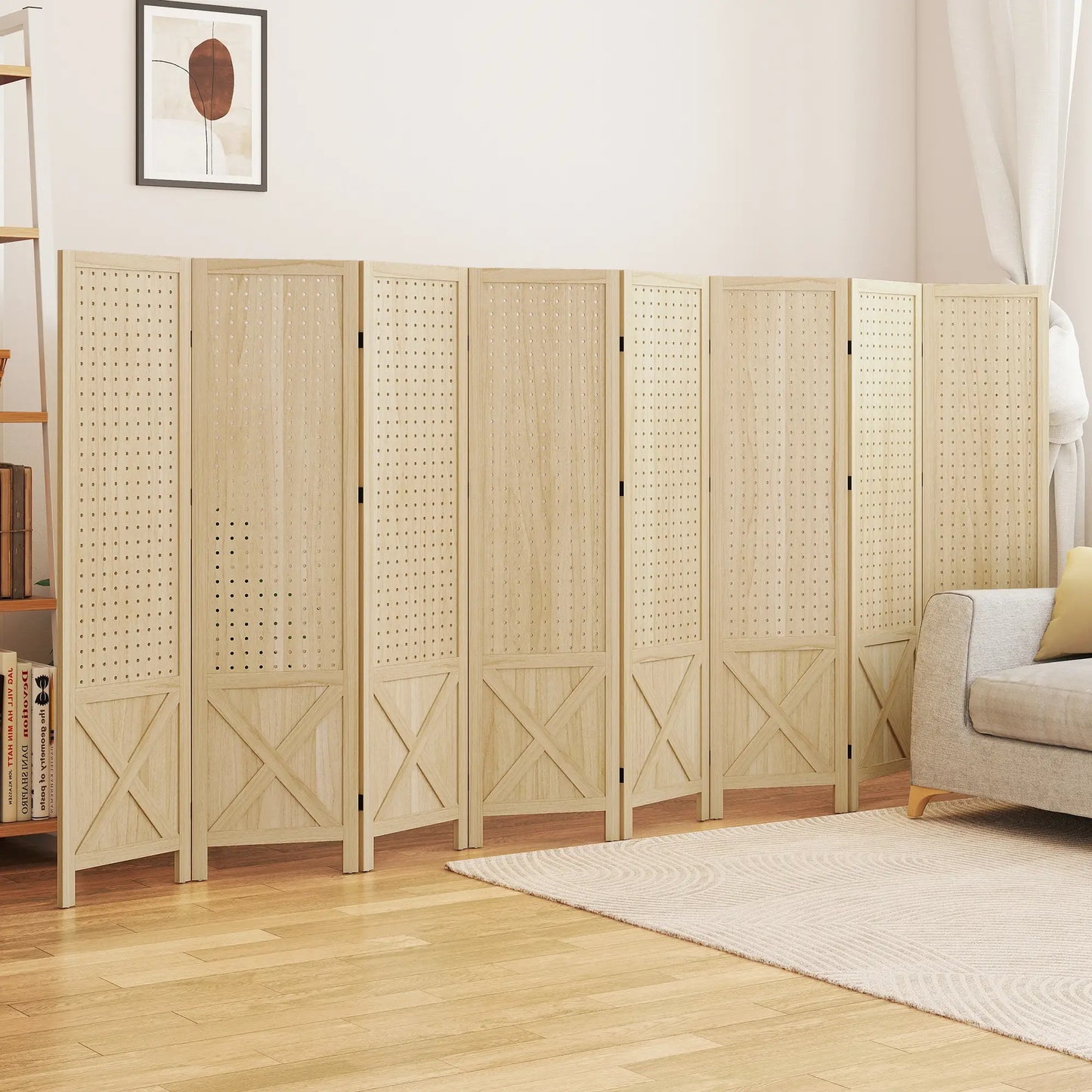 Wooden Room Divider With Pegboard Display, 8 Panel Folding Privacy Screen, Natural Wood Room Dividers at Gallery Canada