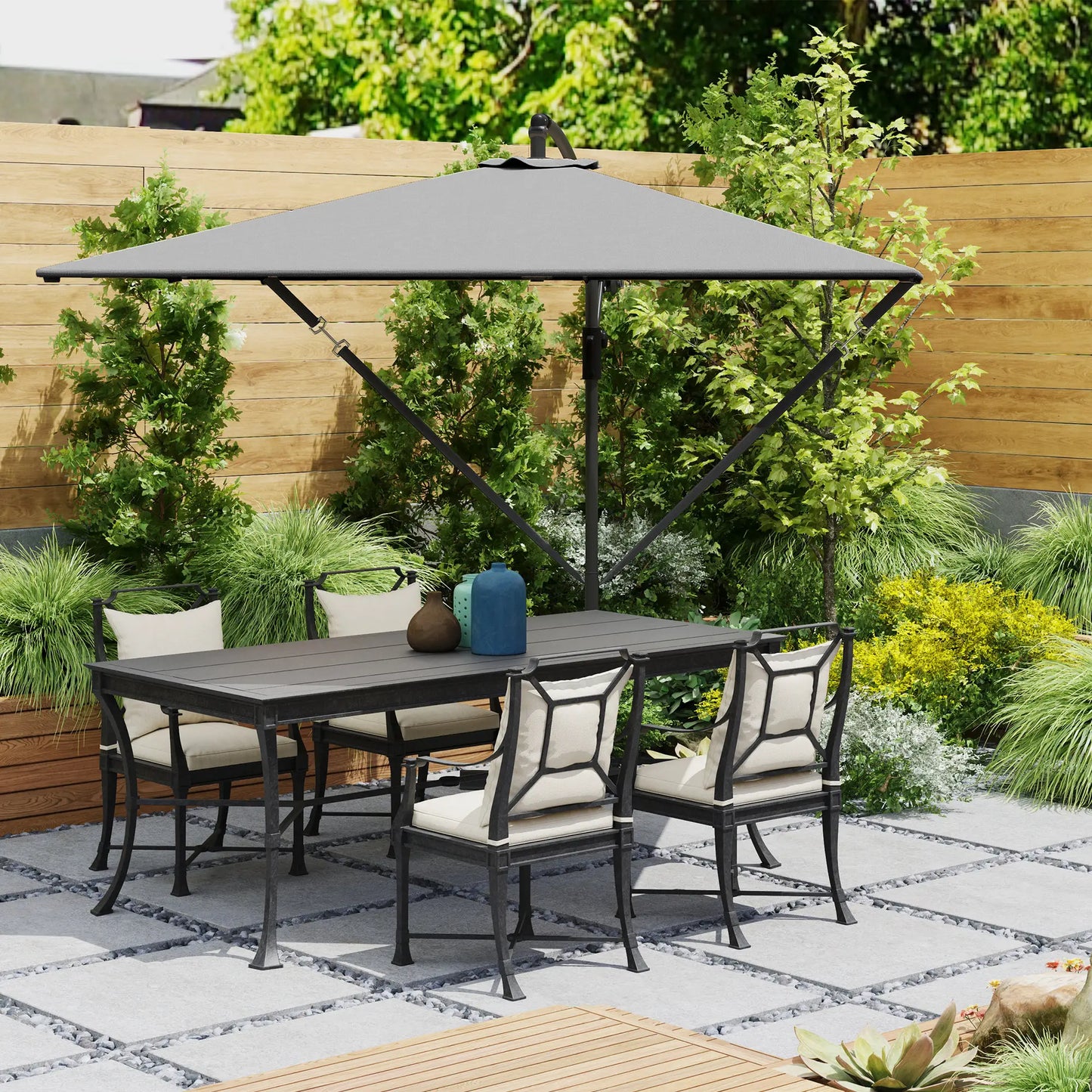 Patio Offset Umbrella, Crank Parasol With Base, Cover, Wind Securing, Khaki Offset Cantilever Umbrellas at Gallery Canada