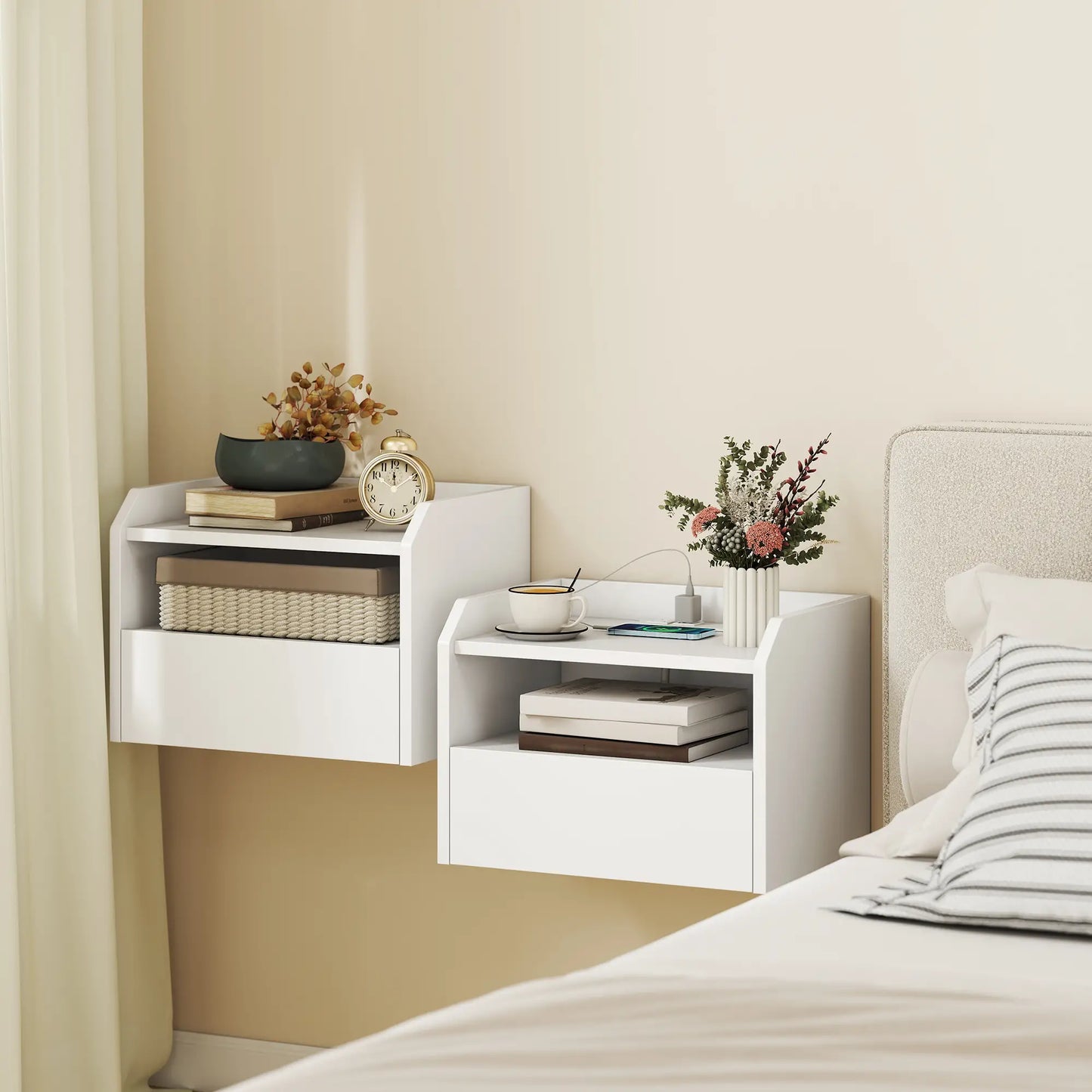Wall Mounted Bedside Table Set of 2, Charging Station, Drawer, Shelf, White Bedside Tables at Gallery Canada