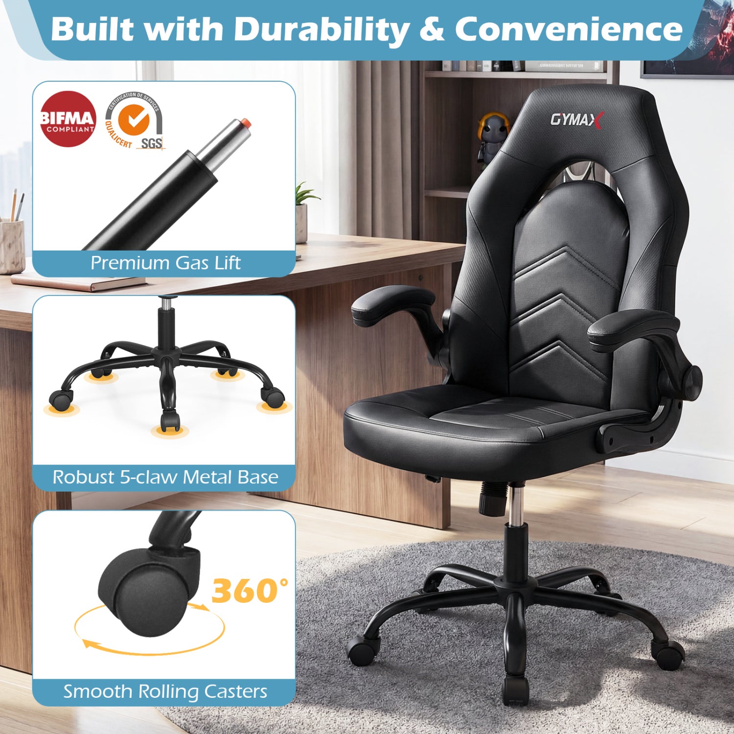 Ergonomic Leather Office Chair, Flip-Up Armrests, Black Ergonomic Chairs at Gallery Canada