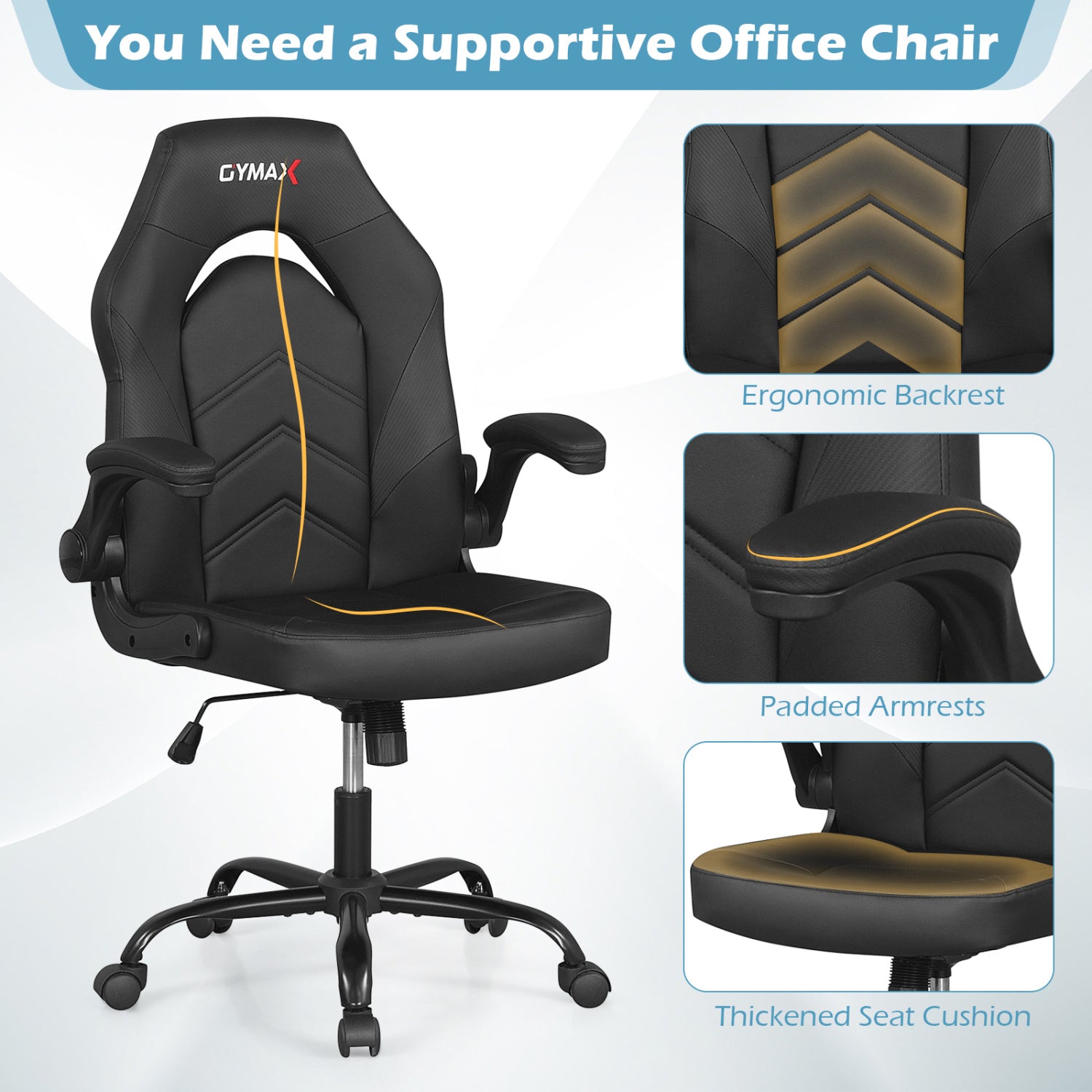 Ergonomic Leather Office Chair, Flip-Up Armrests, Black Ergonomic Chairs at Gallery Canada