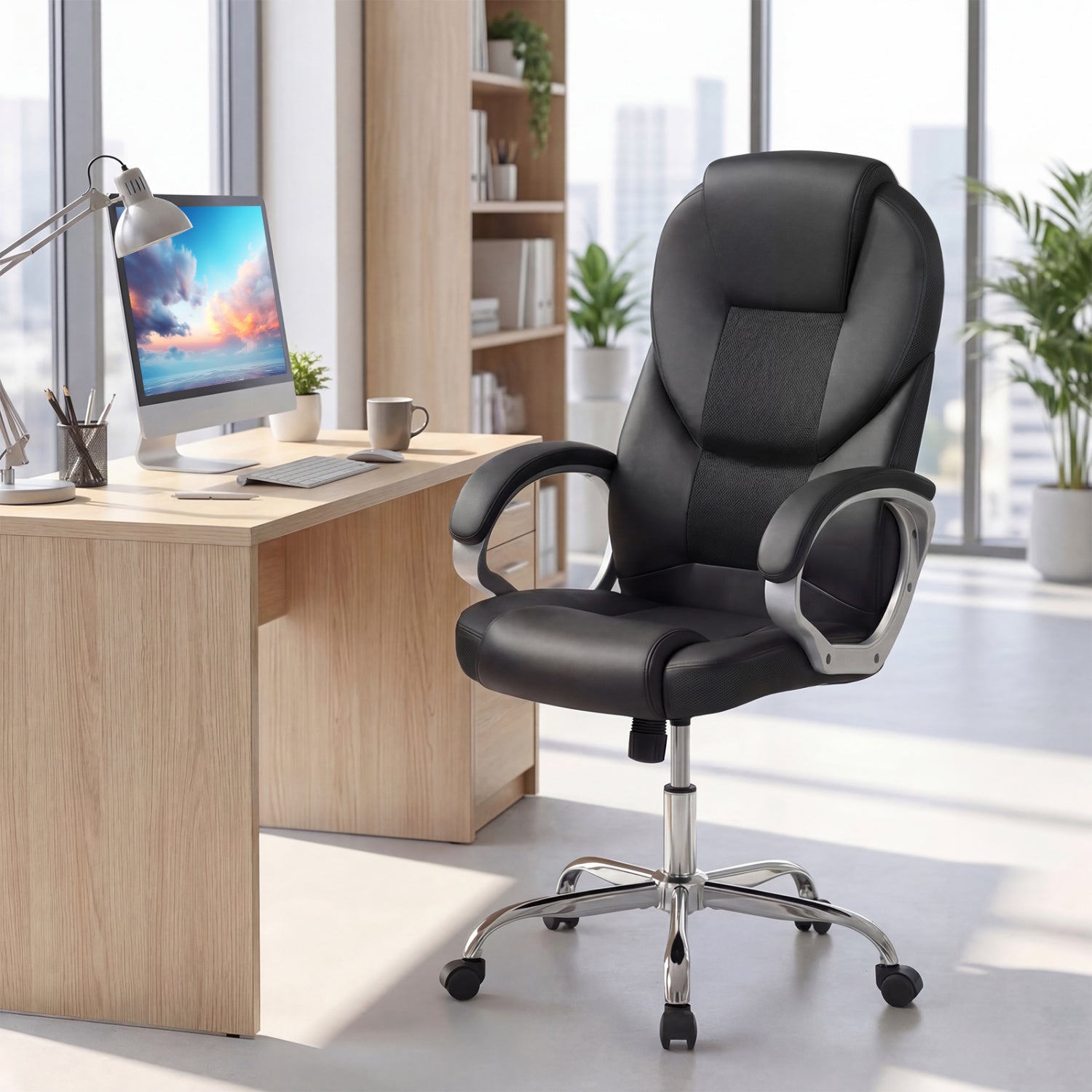 Leather Office Chair, Ergonomic Mesh, Padded Armrests, Rocking Backrest, Black Ergonomic Chairs at Gallery Canada