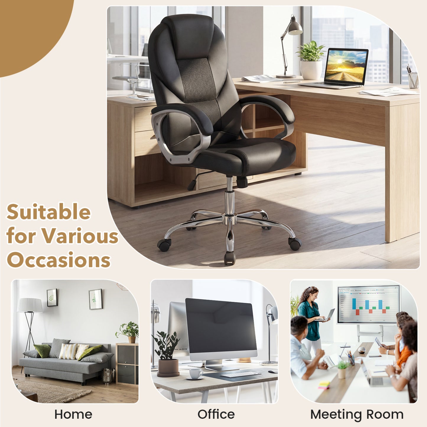 Leather Office Chair, Ergonomic Mesh, Padded Armrests, Rocking Backrest, Black Ergonomic Chairs at Gallery Canada
