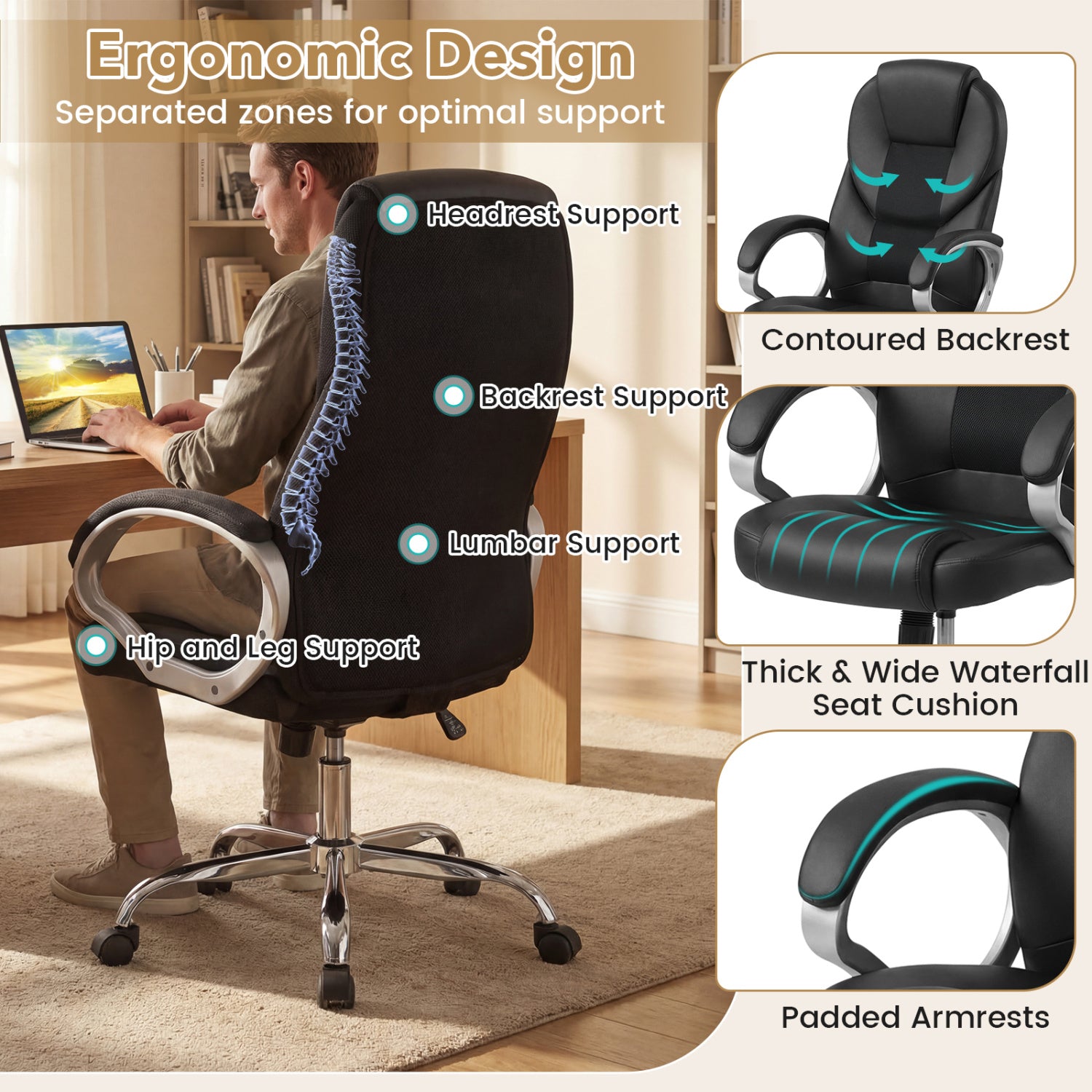 Leather Office Chair, Ergonomic Mesh, Padded Armrests, Rocking Backrest, Black Ergonomic Chairs at Gallery Canada