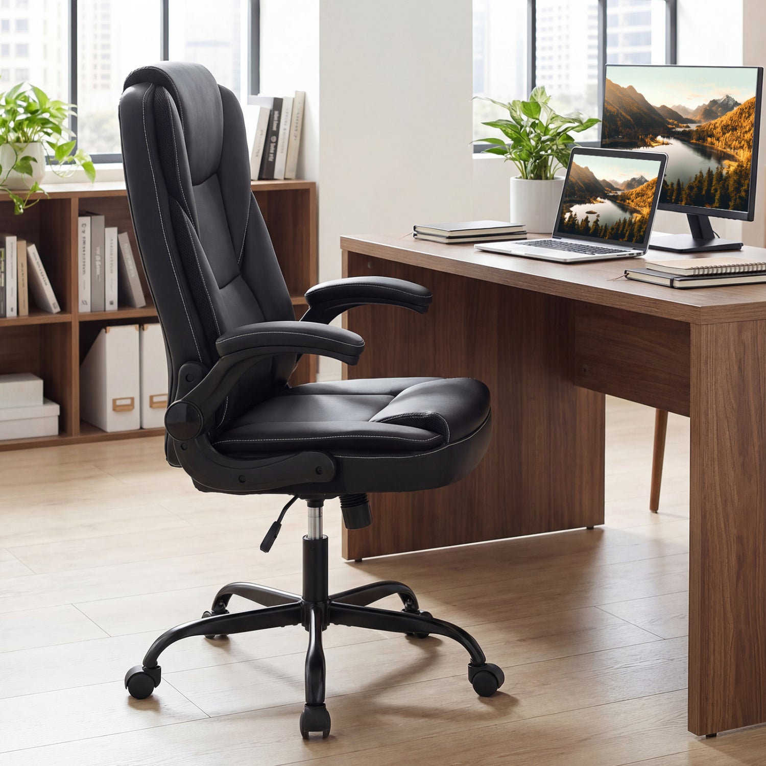 Ergonomic Leather Office Chair, Flip-Up Armrests, Rocking Function, Black Ergonomic Chairs at Gallery Canada