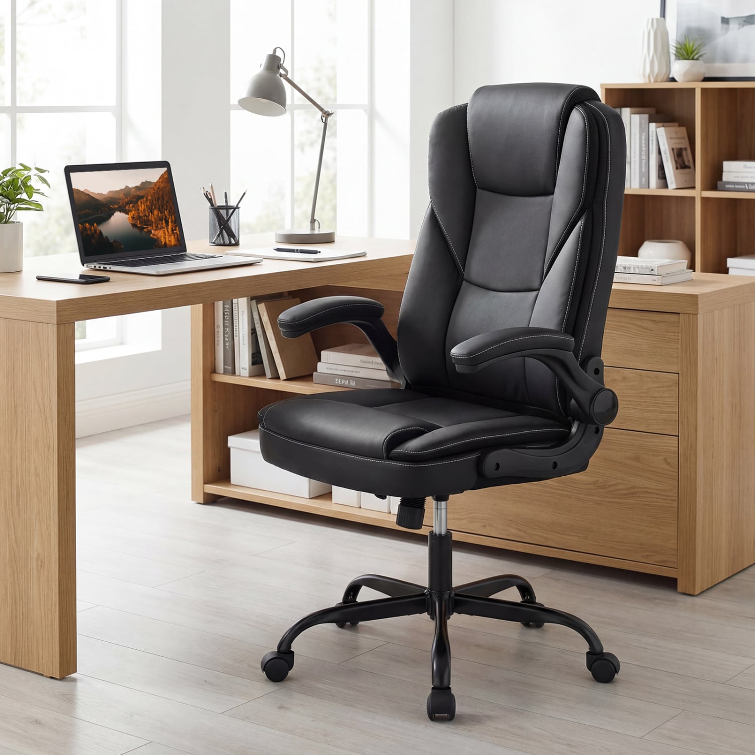 Ergonomic Leather Office Chair, Flip-Up Armrests, Rocking Function, Black Ergonomic Chairs at Gallery Canada