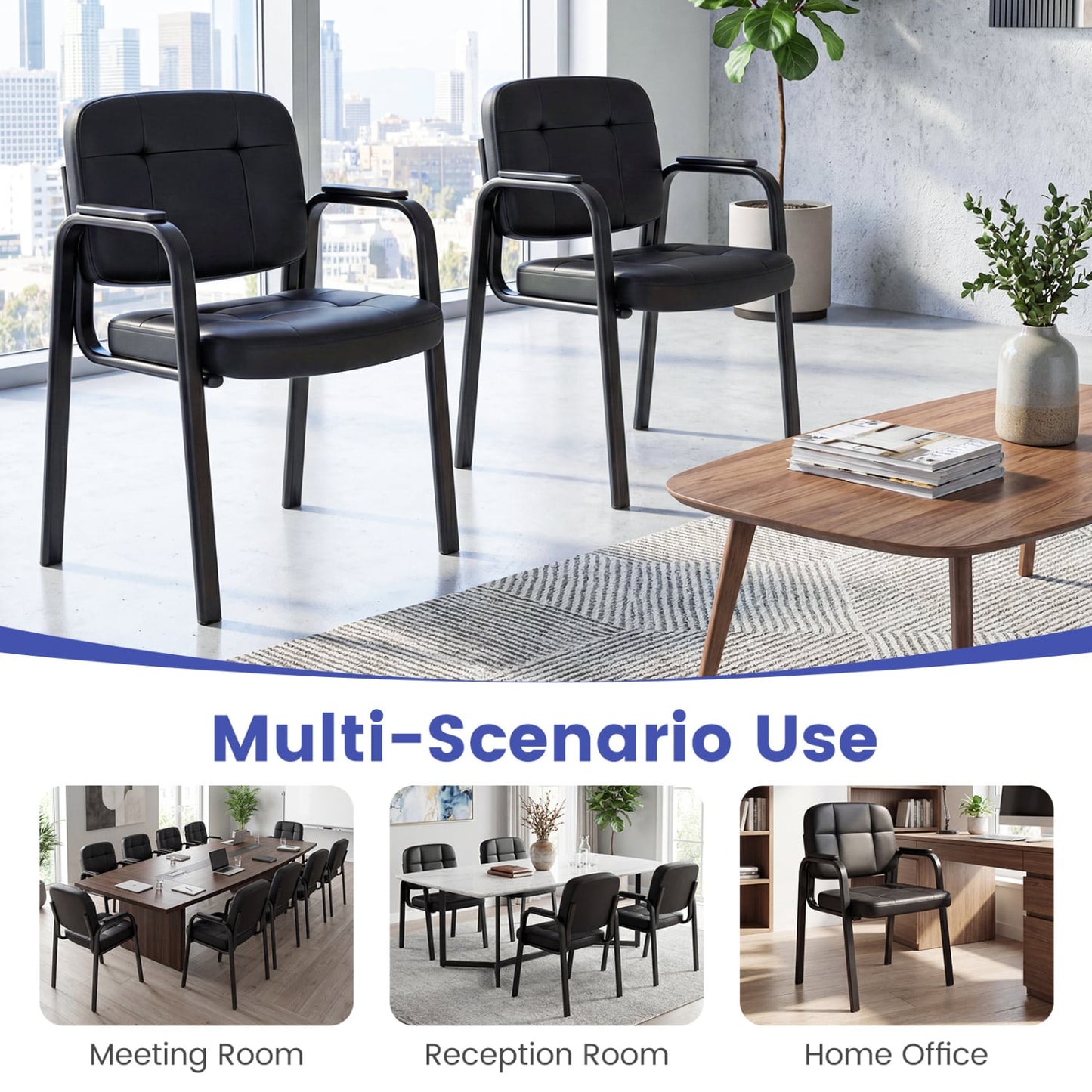 Fauteuils de réception de bureau en cuir, lot de 8, noirs
