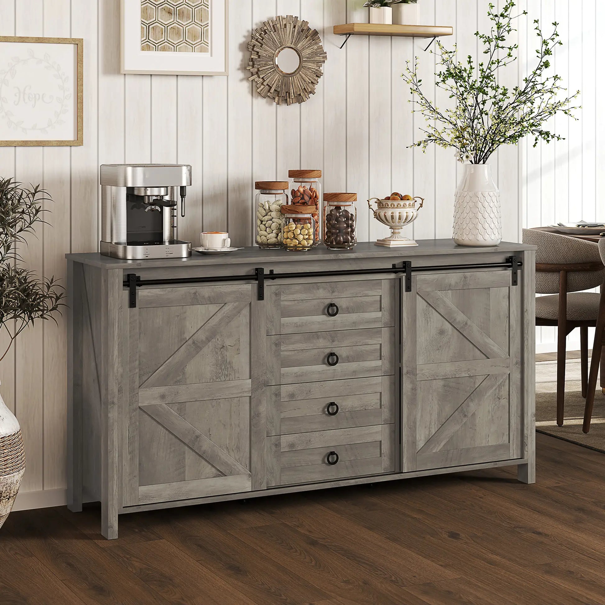 60" Buffet Cabinet, Farmhouse Sideboard, Sliding Barn Doors, Light Grey Bar Cabinets at Gallery Canada