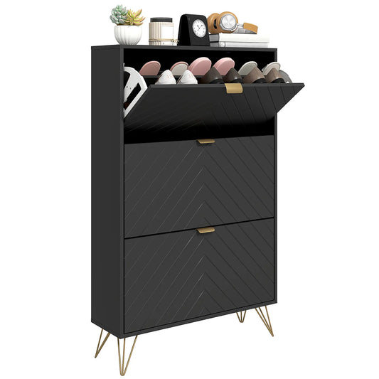 Modern Shoe Storage Cabinet, 3 Flip Drawers for 18 Pairs, Narrow Organizer, Black Shoe Storage Cabinets & Racks Black, Gold at Gallery Canada