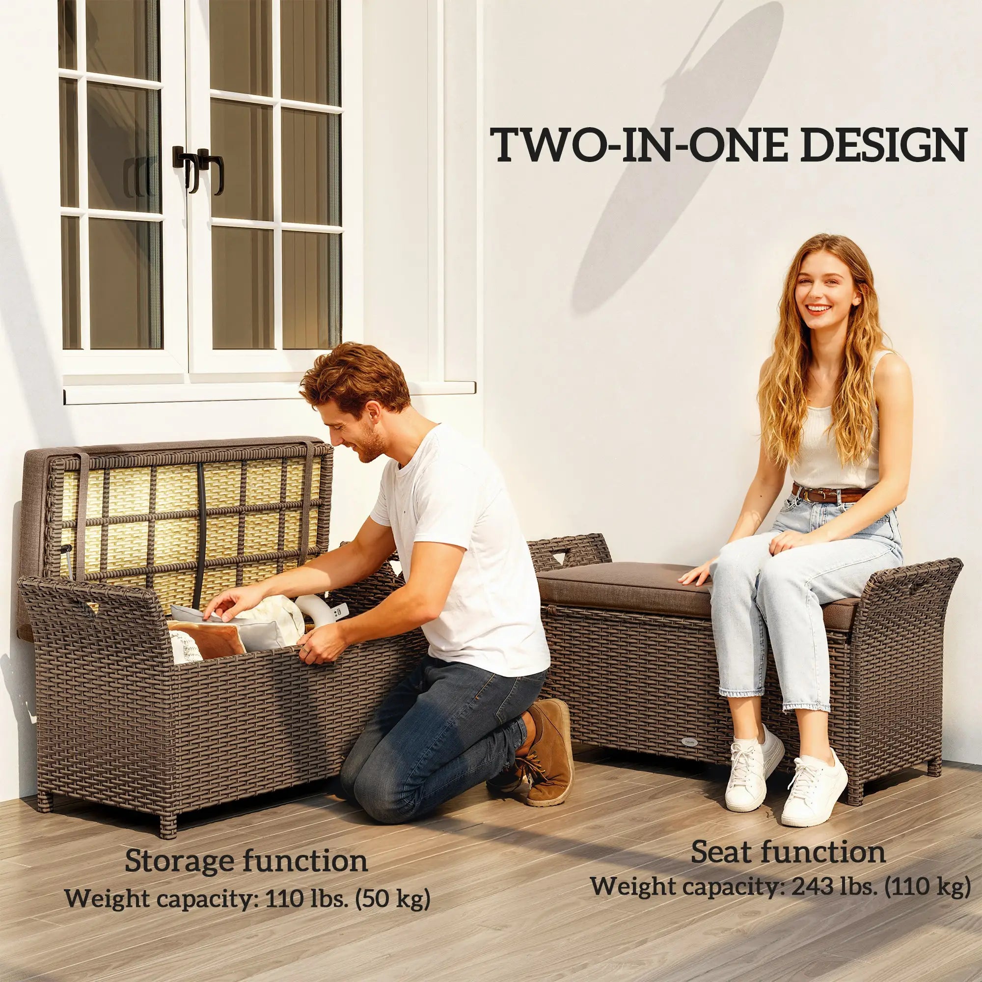 2-In-1 Outdoor Storage Bench, 29 Gallon Wicker Deck Box, Tan Patio Storage Boxes at Gallery Canada