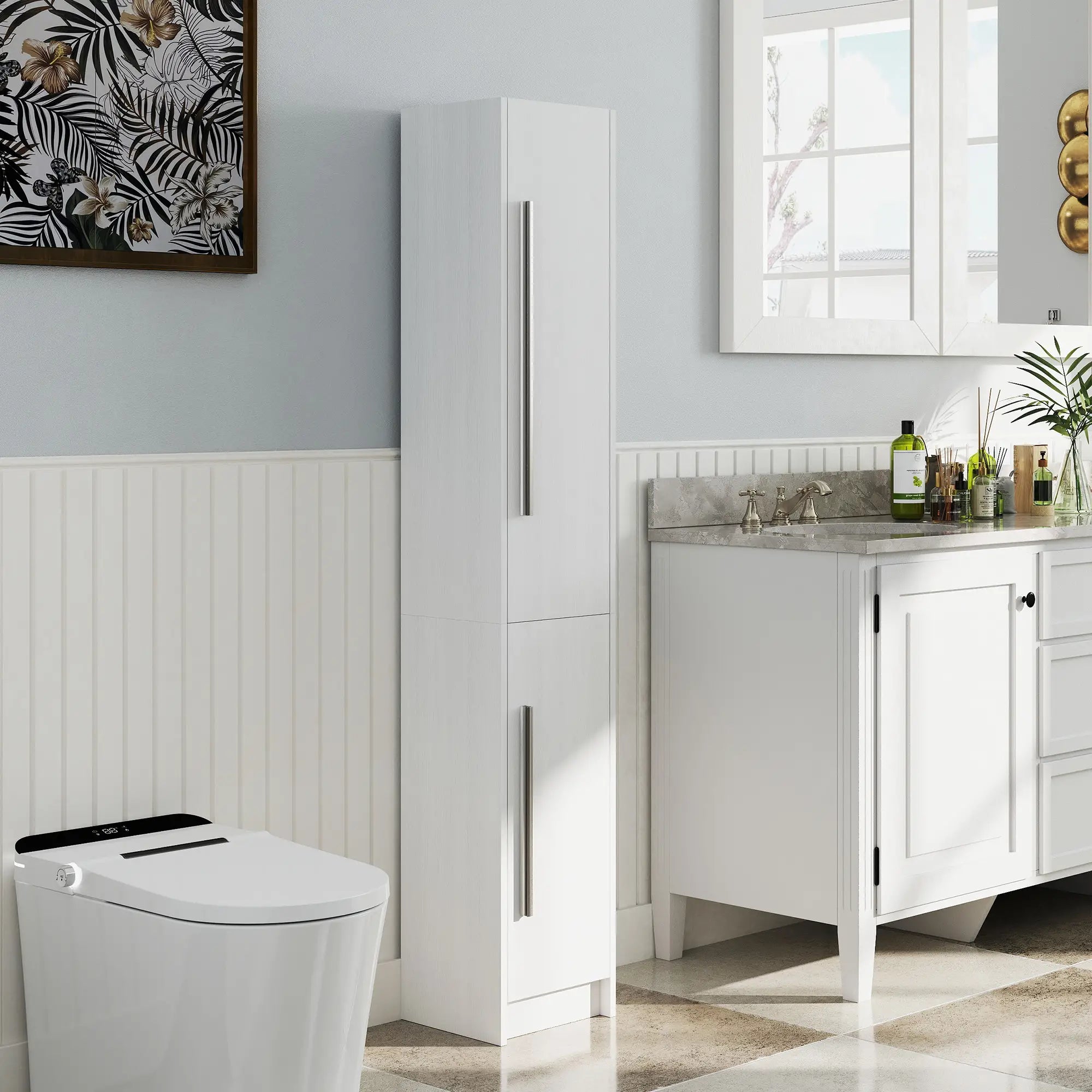 Tall Bathroom Storage Cabinet, Adjustable Shelves, Wood Grain, White Bathroom Cabinets at Gallery Canada
