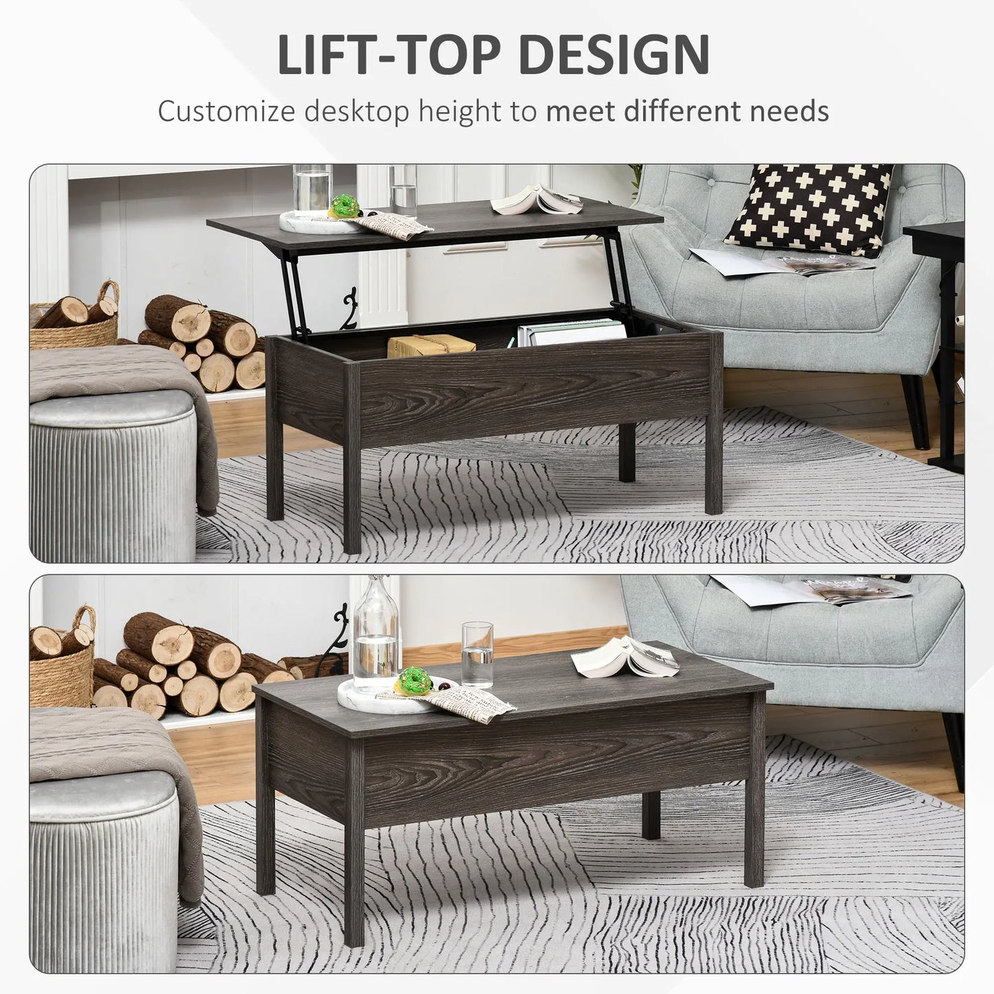 39" Lift Top Coffee Table, Hidden Storage, Living Room, Grey Coffee Tables at Gallery Canada