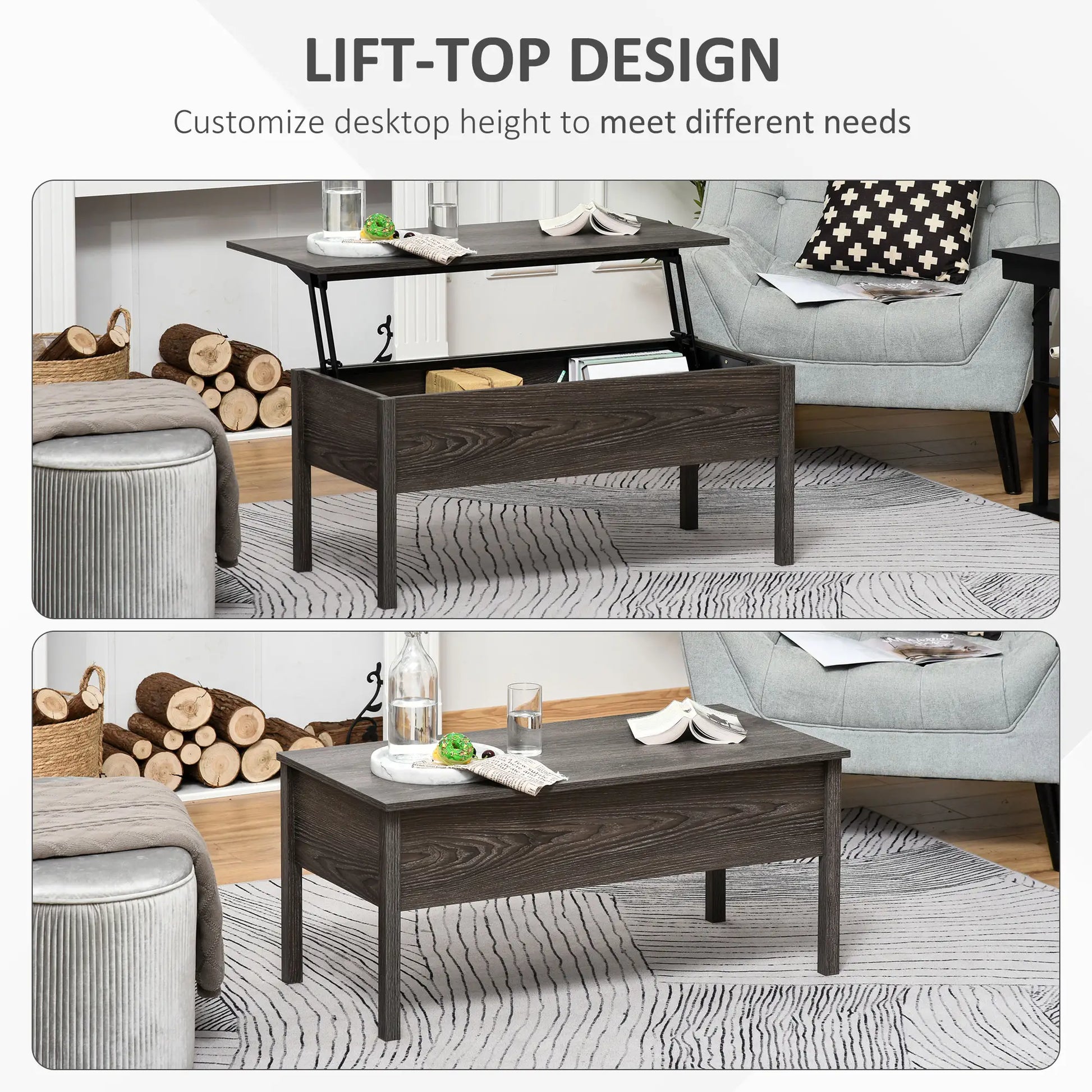 39" Lift Top Coffee Table, Hidden Storage, Living Room, Grey Coffee Tables at Gallery Canada