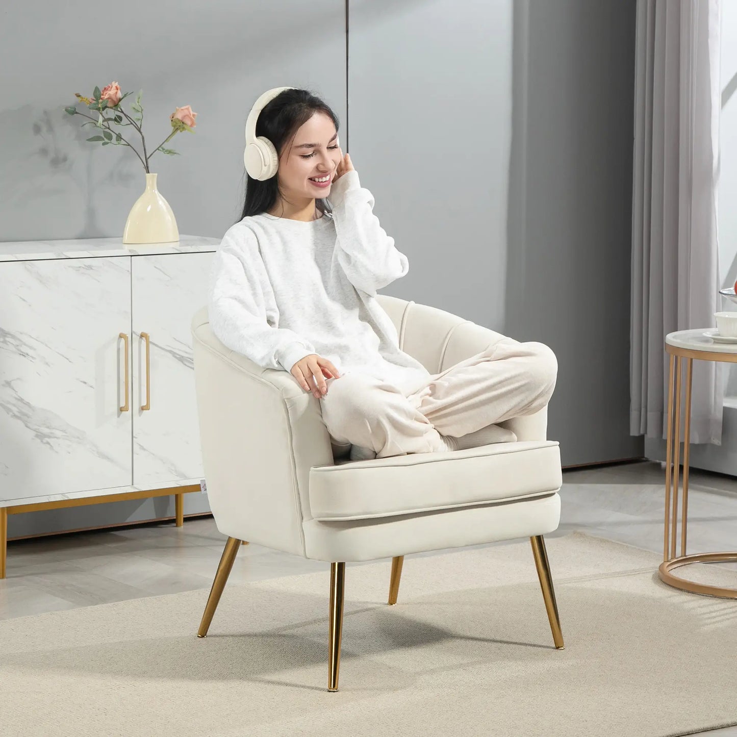 Modern Fabric Armchair, Gold Metal Legs, 32in, Cream White Accent Chairs at Gallery Canada