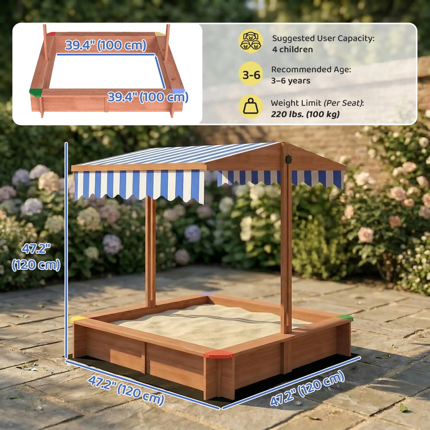 Wooden Sandbox with Cover, Adjustable Canopy, Seats, Dark Brown Sandboxes & Accessories at Gallery Canada