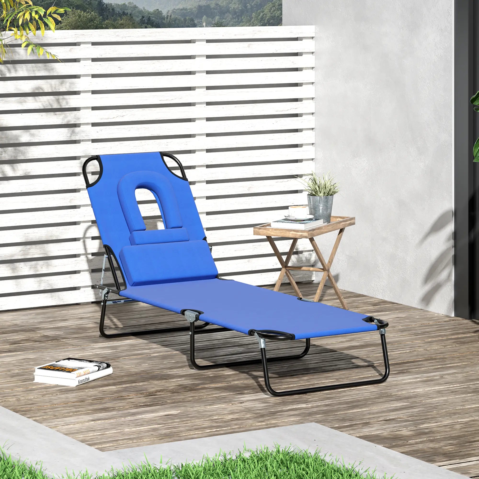 Adjustable Outdoor Lounge Chair, Folding Chaise with Face Hole, Blue Lounger Chairs at Gallery Canada
