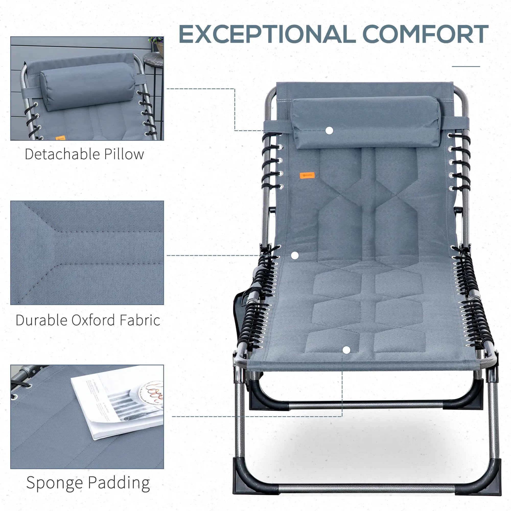 Outdoor Lounge Chair, Folding Chaise, Adjustable Backrest, Pillow, Pocket, Grey Lounger Chairs at Gallery Canada