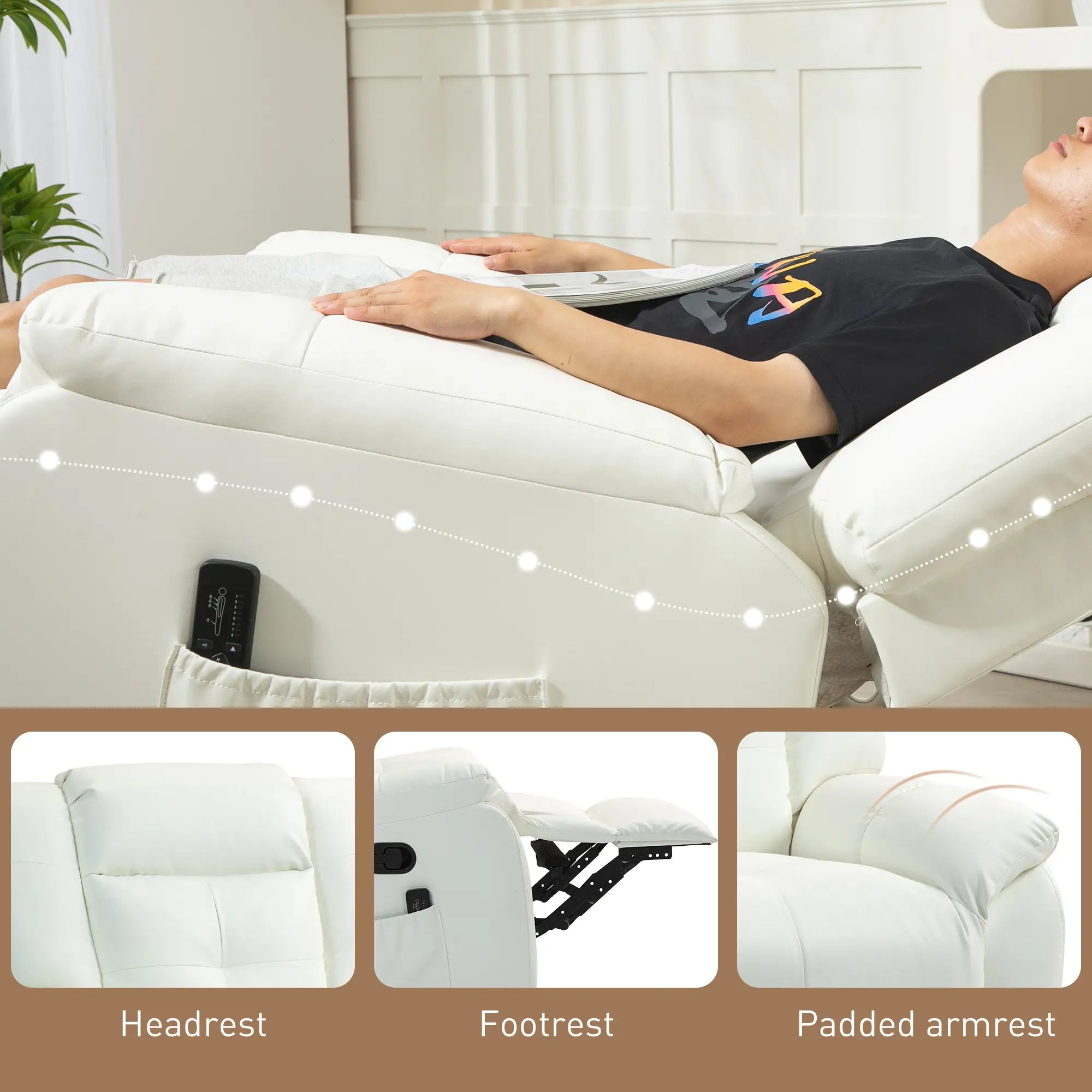 8-Point Vibration Massage Recliner Chair, PU Leather, Manual, Cream White Single Sofas at Gallery Canada
