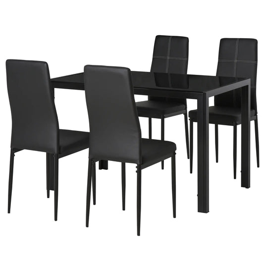 5-Piece Rectangular Glass Dining Table, Metal Frame, Faux Leather Chairs, Black Bar Sets Black at Gallery Canada