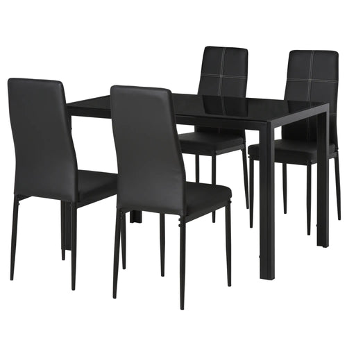 5-Piece Rectangular Glass Dining Table, Metal Frame, Faux Leather Chairs, Black
