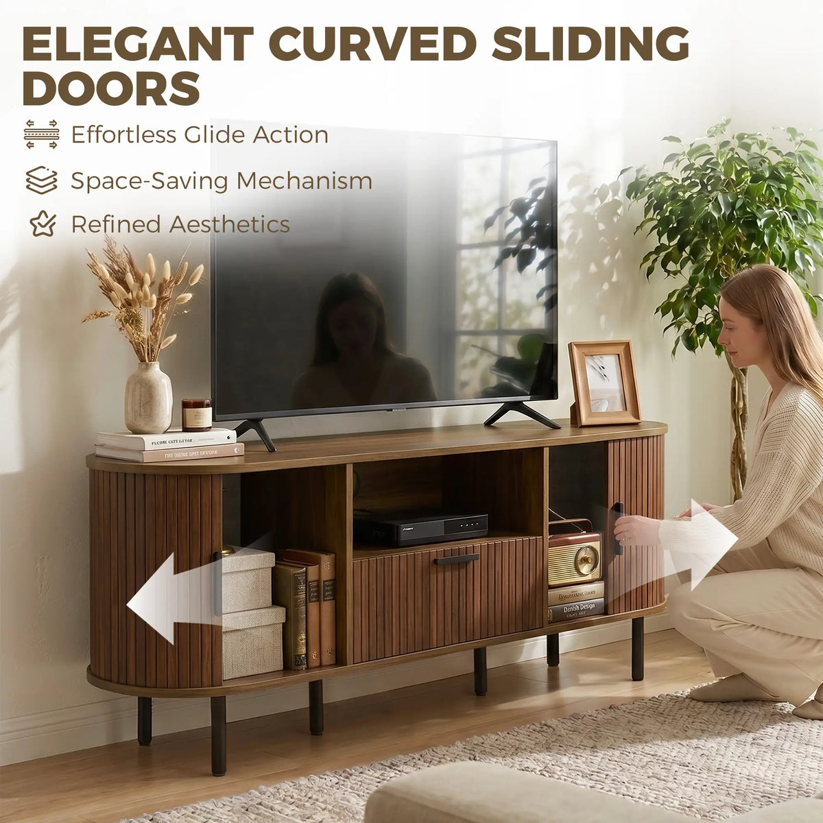 TV Stand for TVs up to 60", Modern Entertainment Center with Curved Sliding Doors and Storage, Brown TV Stands at Gallery Canada