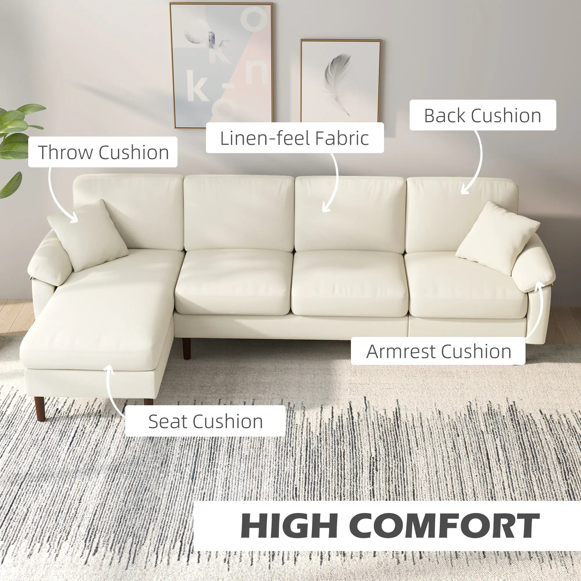 L-Shape Sectional Sofa, Changeable Chaise Lounge, Cream White 3-Seater Sofas at Gallery Canada