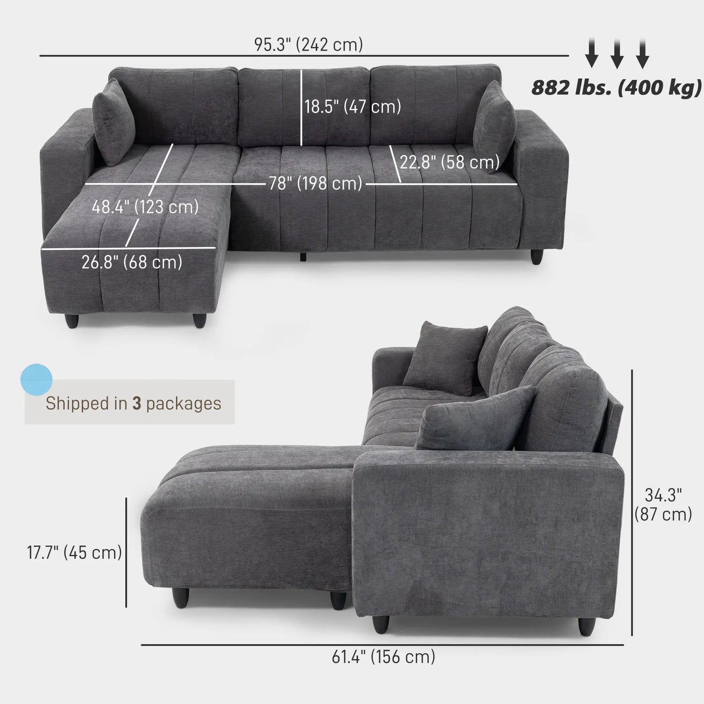 Canapé d'angle 3 places avec méridienne, coussin à ressorts, gris