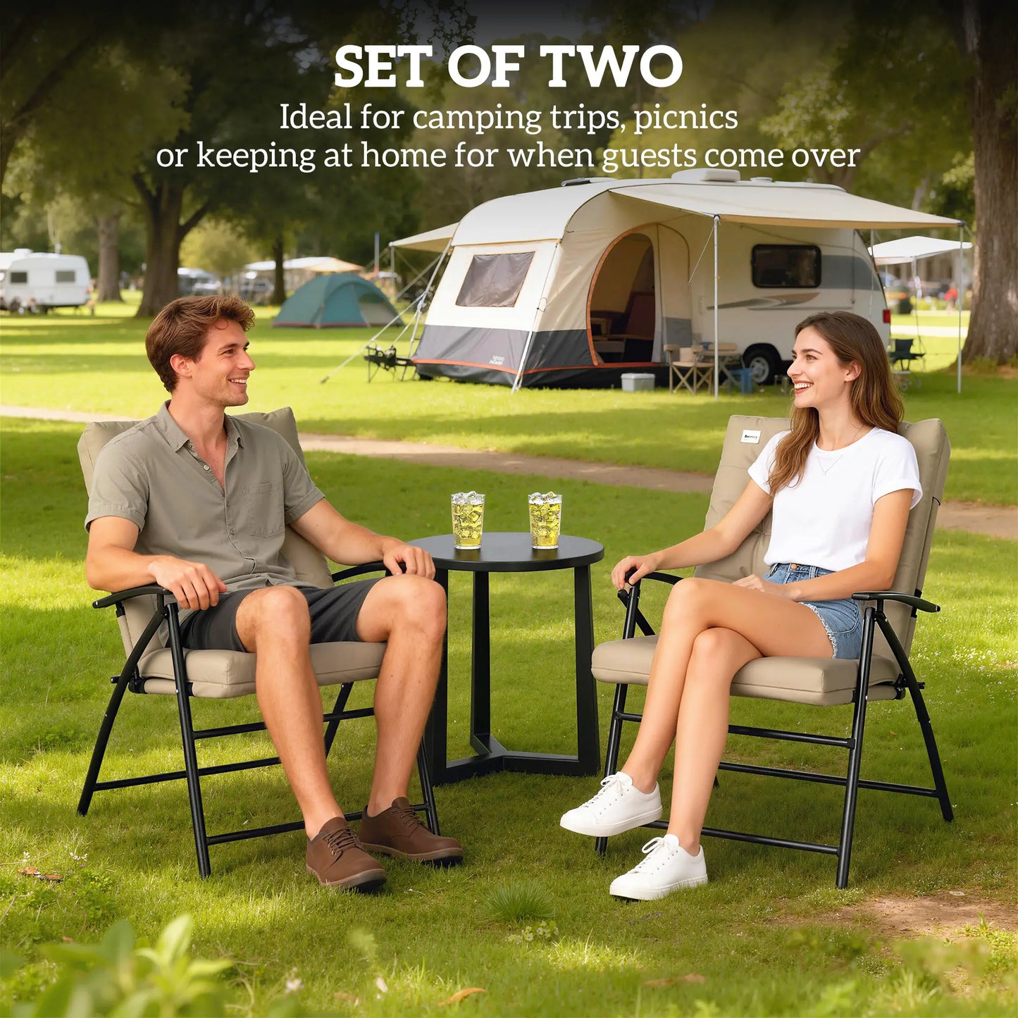 2 Outdoor Folding Chairs, Adjustable Backrest, Padded Camping Chairs, Khaki Patio Chairs at Gallery Canada