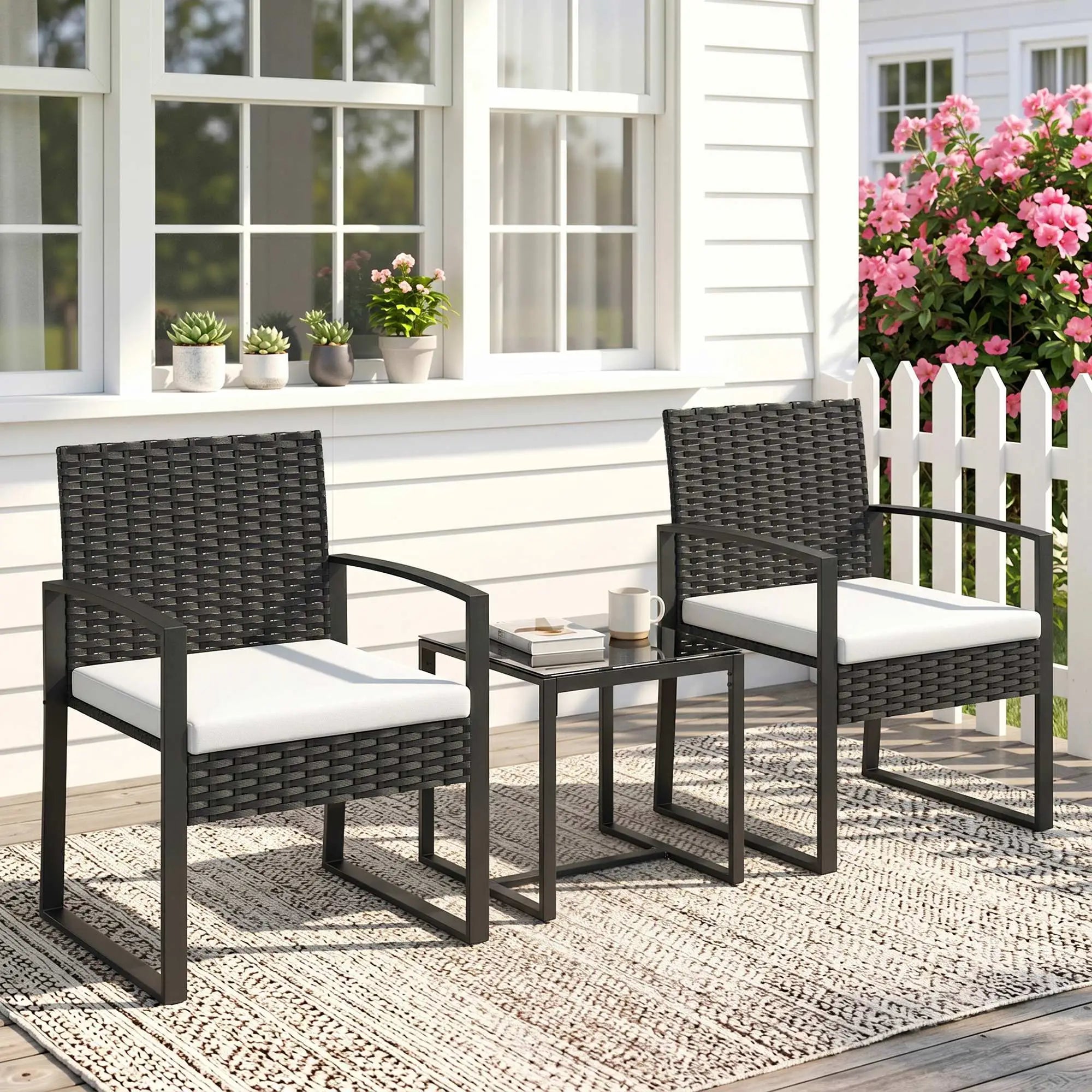 3 Piece Wicker Patio Set, Glass Top Table With Cushions, Cream White Bistro Sets at Gallery Canada