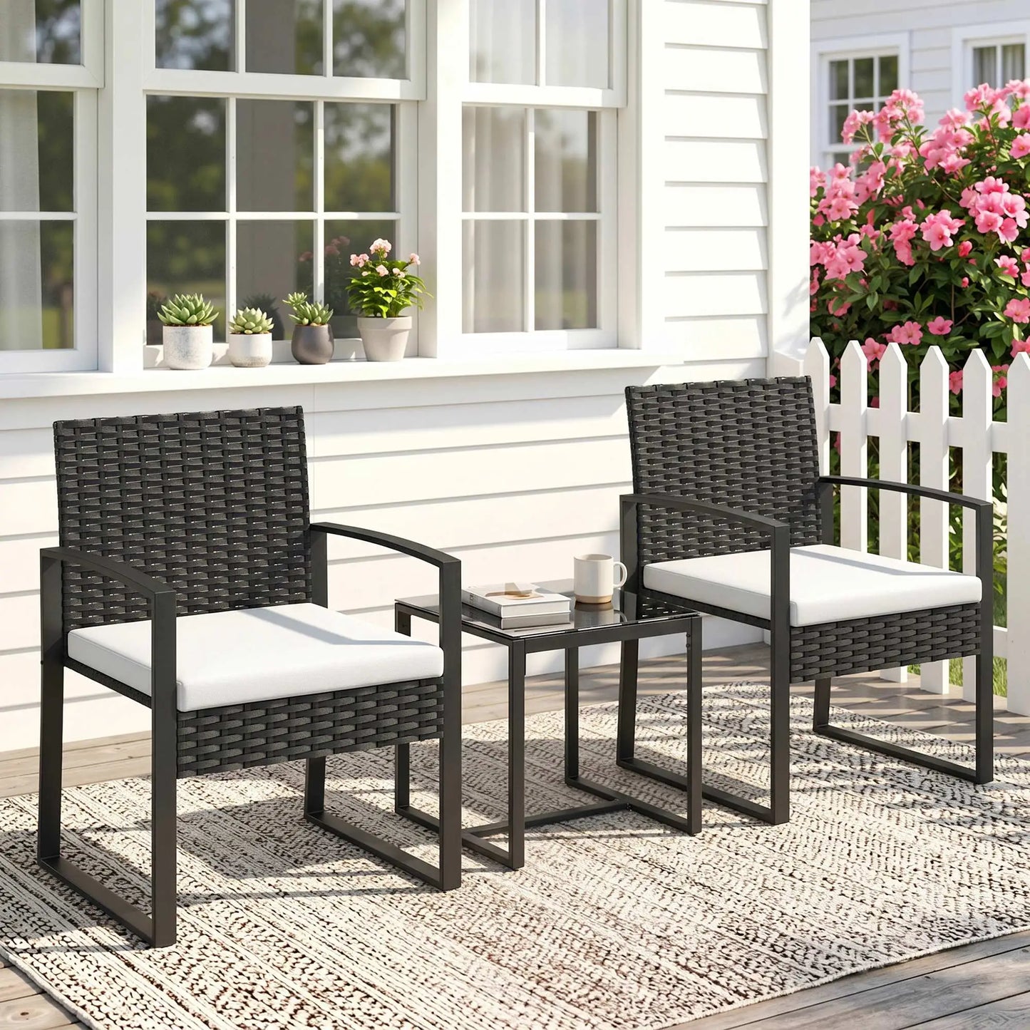 3 Piece Wicker Patio Set, Glass Top Table With Cushions, Cream White Bistro Sets at Gallery Canada