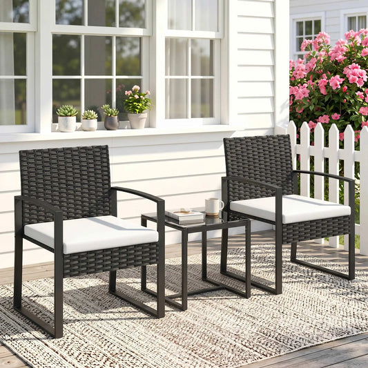 3 Piece Wicker Patio Set, Glass Top Table With Cushions, Cream White Bistro Sets Black, Cream White at Gallery Canada