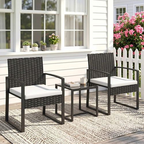 3 Piece Wicker Patio Set, Glass Top Table With Cushions, Cream White