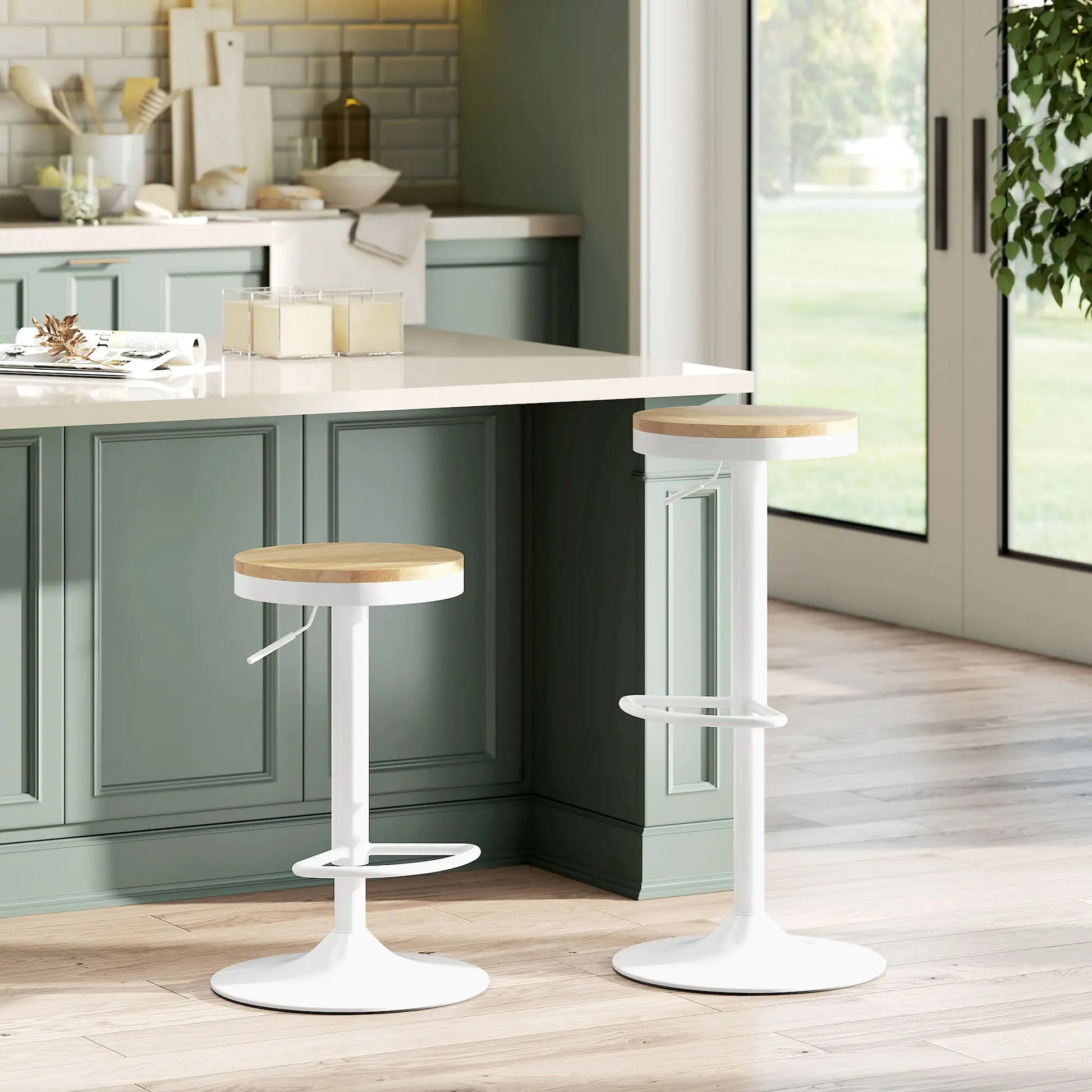 Swivel Bar Stools Set of 2, Adjustable Height, Natural Wood, White Bar Stools at Gallery Canada
