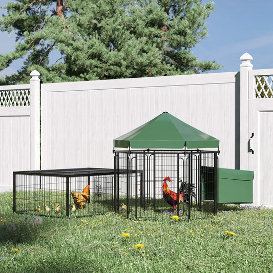 Steel Chicken Coop, Outdoor Hexagonal Hen House, Heavy Duty Detachable Poultry Crate Rabbit Hutch with Water-Resistant Canopy, Run, Nesting Box, Lockable Doors, Green - Gallery Canada