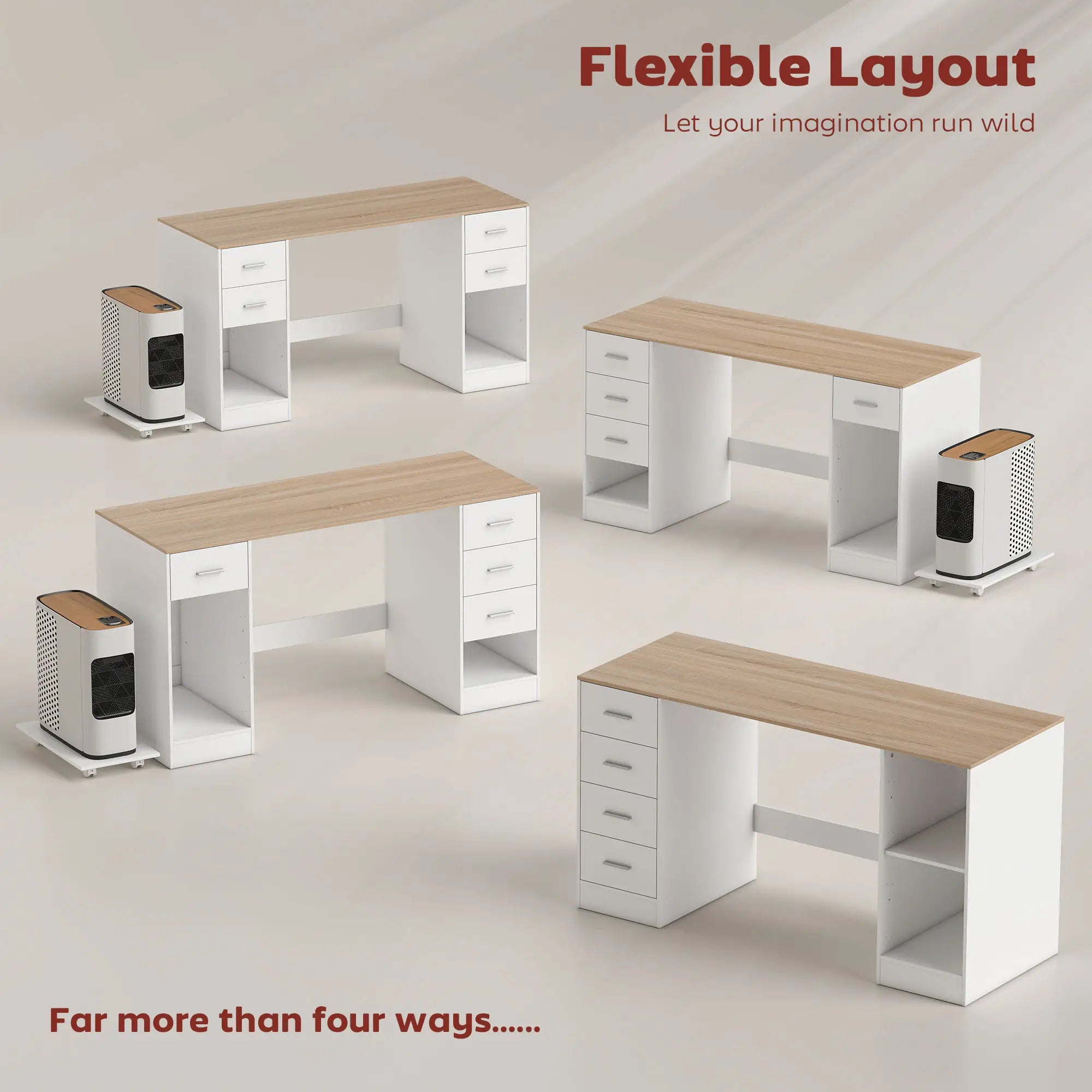 55 Inch Office Desk, White Wood Grain, 4 Reversible Drawers, Adjustable Shelf, White Computer Desks at Gallery Canada