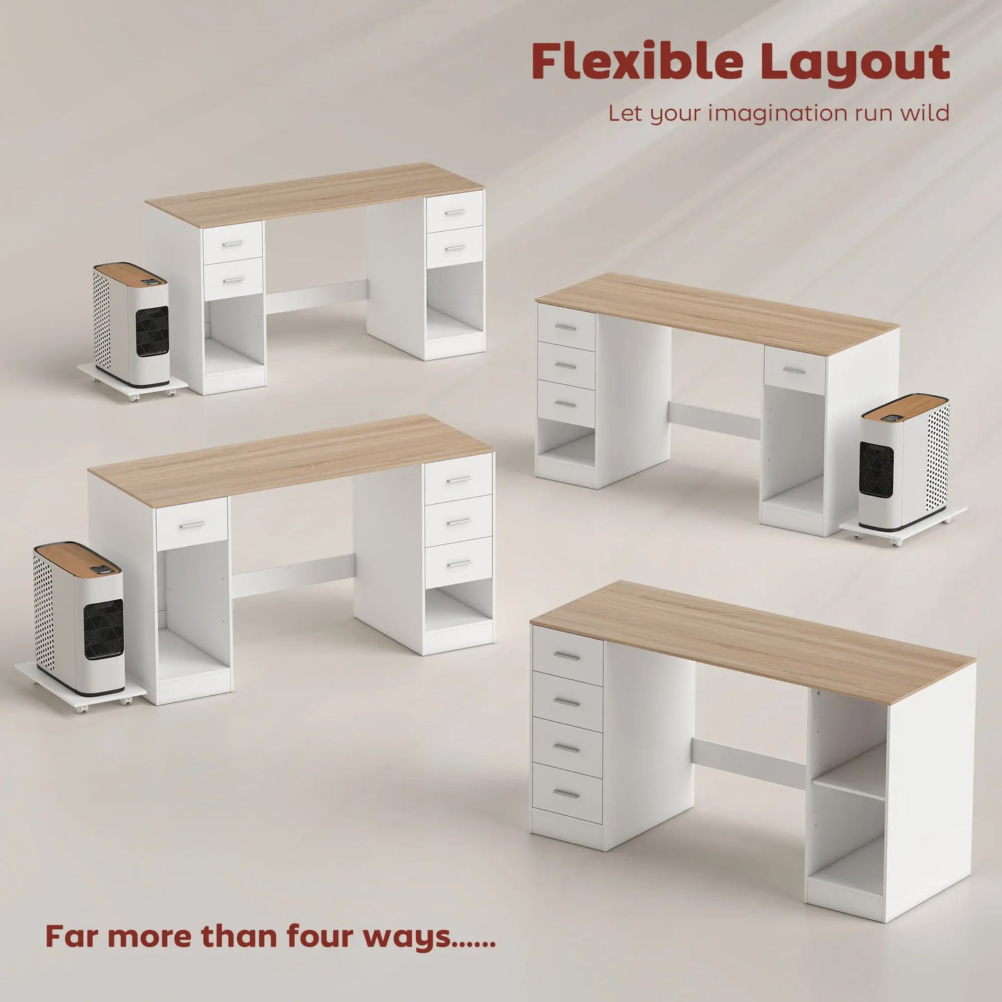 55 Inch Office Desk, White Wood Grain, 4 Reversible Drawers, Adjustable Shelf, White Computer Desks at Gallery Canada