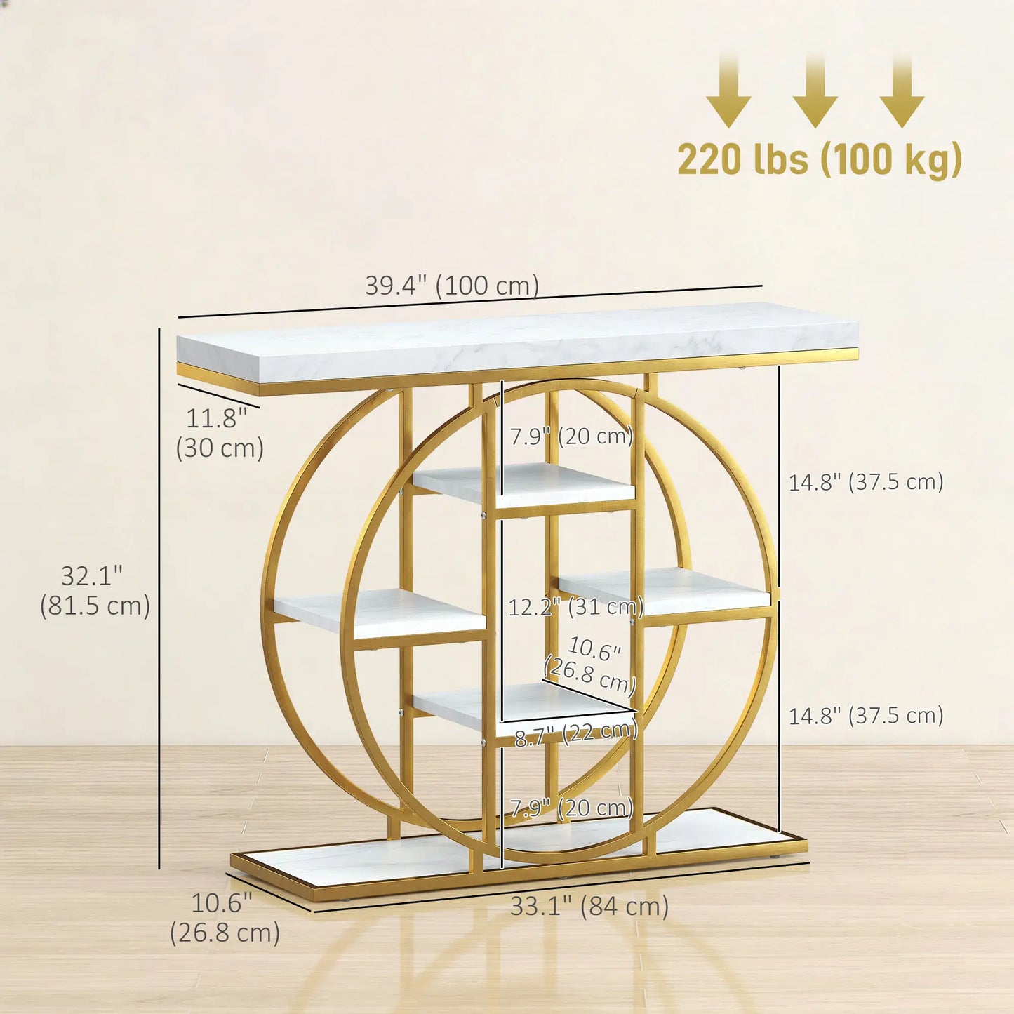 39.4" Console Table With Storage Shelves, White Marble Effect, White Console Tables at Gallery Canada