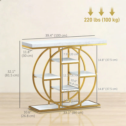 39.4" Console Table With Storage Shelves, White Marble Effect, White Console Tables at Gallery Canada
