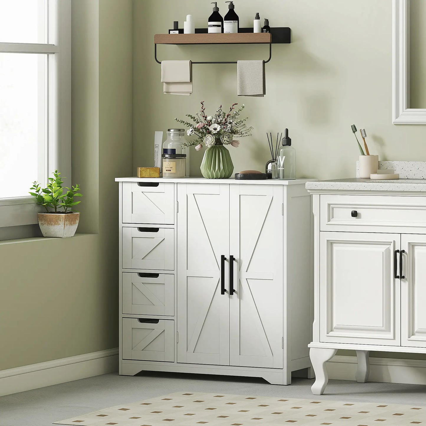 Farmhouse Bathroom Floor Cabinet, Adjustable Shelf, White Bathroom Cabinets at Gallery Canada