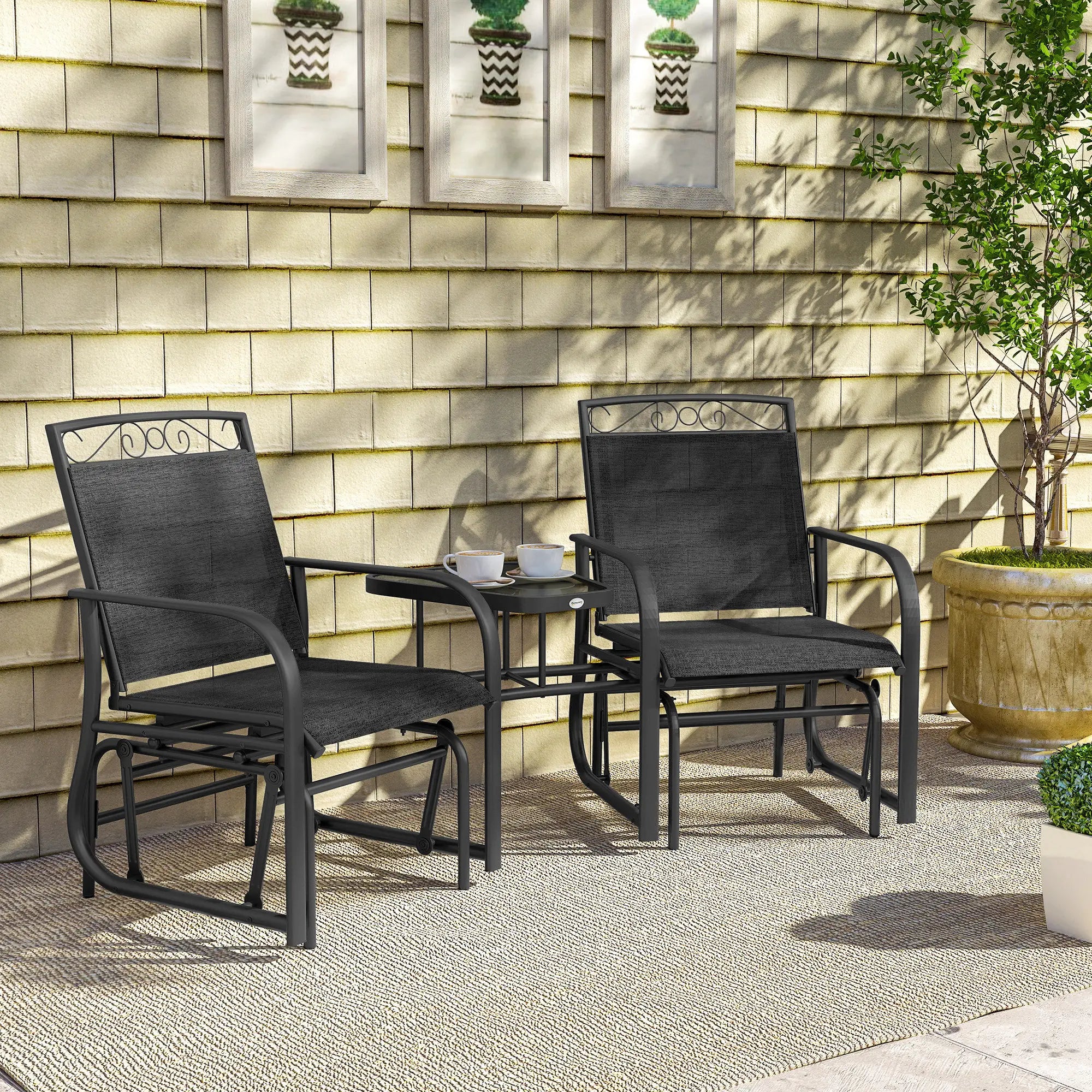 Outdoor Glider Bench with Coffee Table, 2-Seat Rocking Chair Swing, Black Outdoor Gliders at Gallery Canada