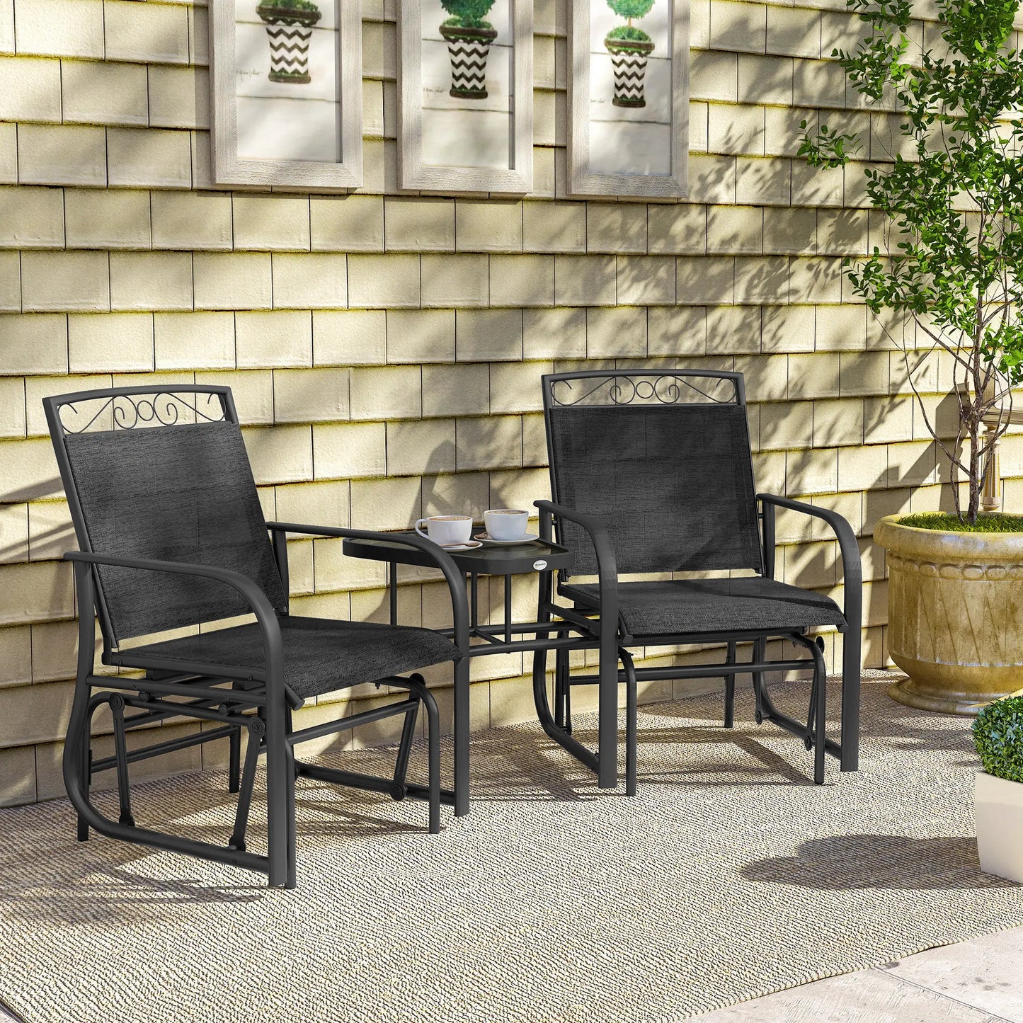 Outdoor Glider Bench with Coffee Table, 2-Seat Rocking Chair Swing, Black Outdoor Gliders at Gallery Canada