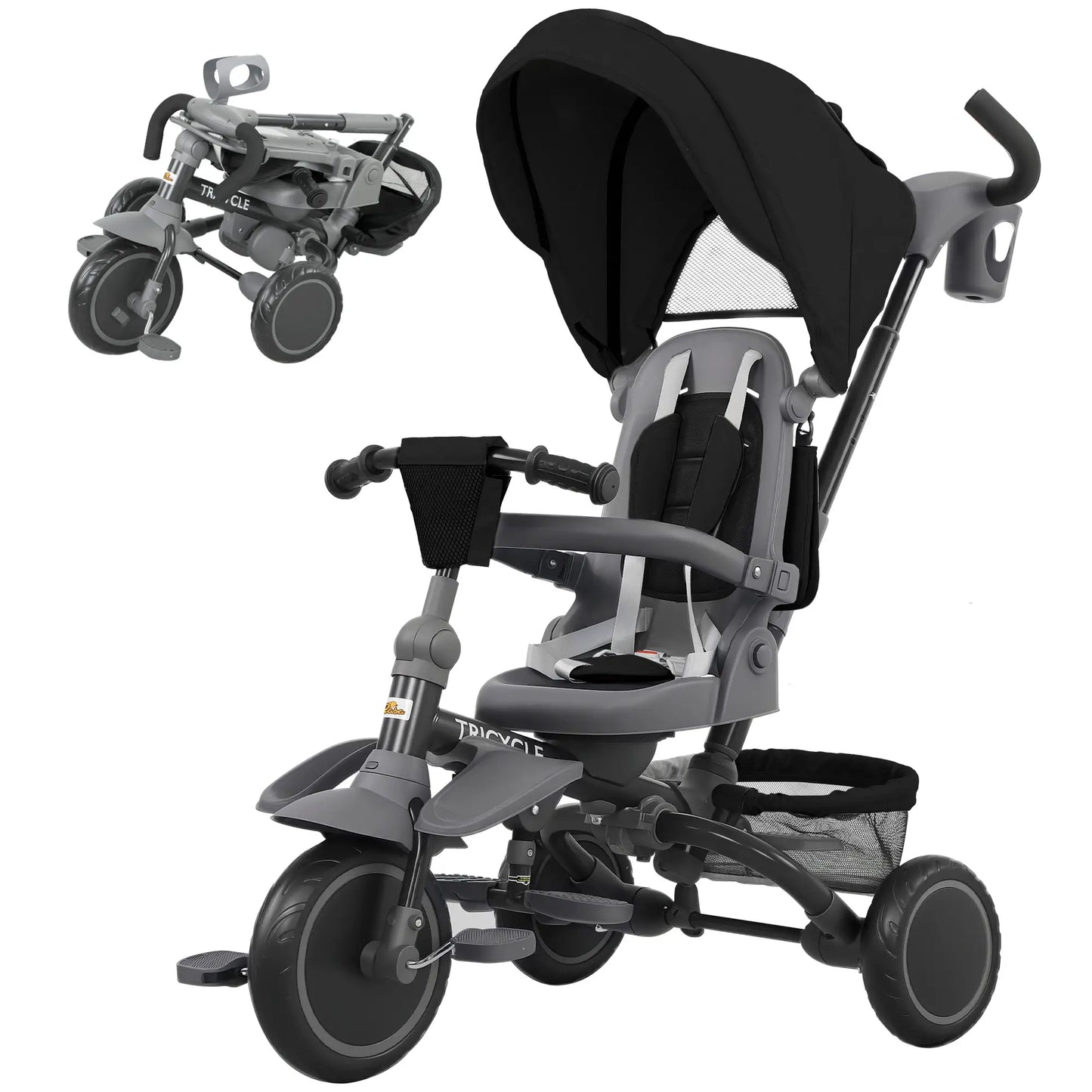 6 in 1 Toddler Tricycle, Push Handle, Removable Canopy, Rotatable Seat, Black Tricycles for Kids Black at Gallery Canada