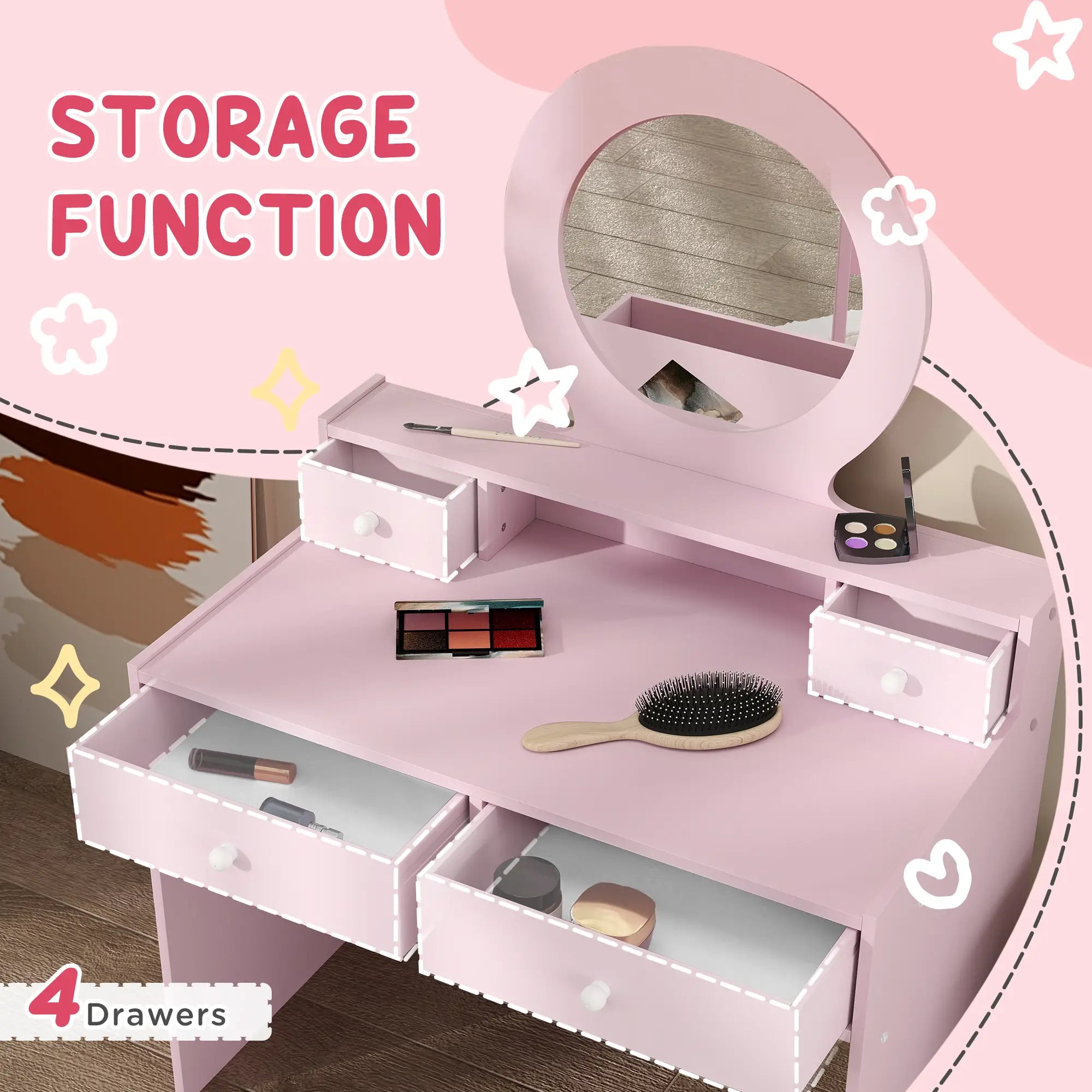 Kids Vanity Set, Makeup Table with Mirror, Stool, Drawers, Ages 3-8, Pink Toy Vanity at Gallery Canada