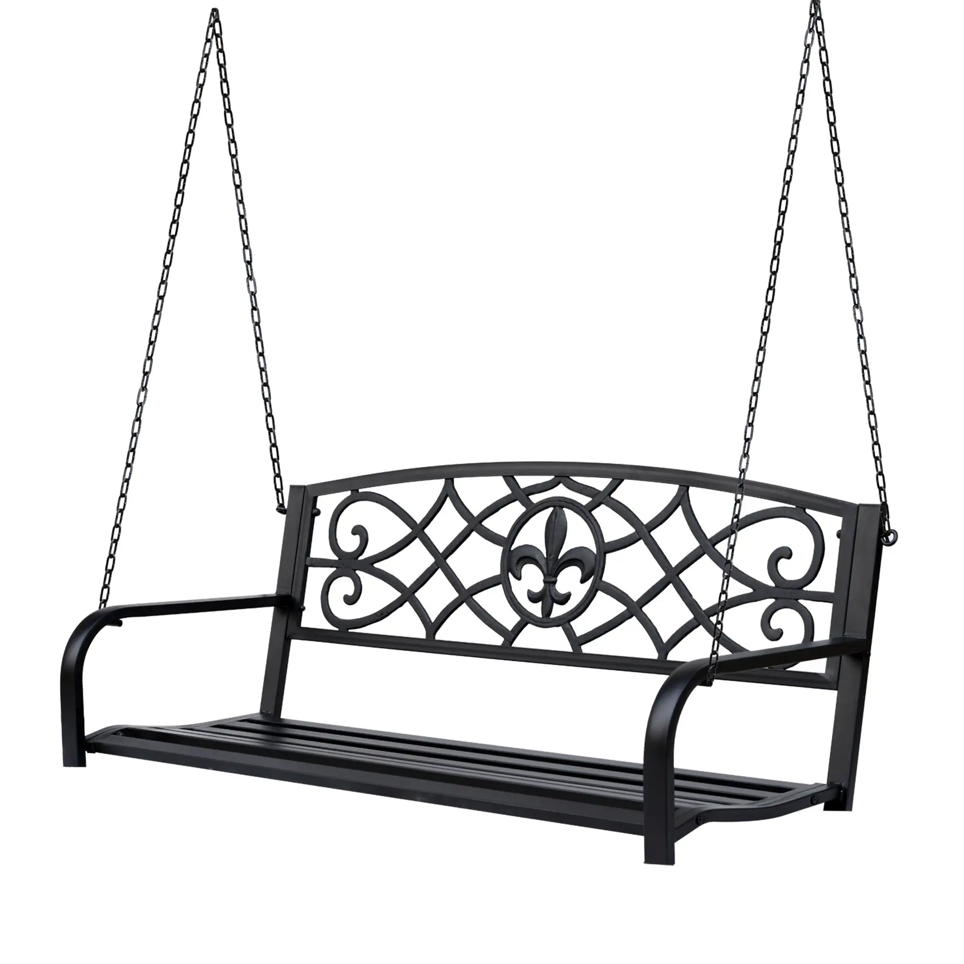 50"L Steel Porch Swing, Fleur-De-Lis Patio Chair, 2-Person Hanging Bench, Black Hanging Porch Swings Black at Gallery Canada