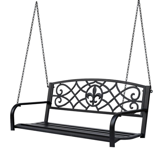50"L Steel Porch Swing, Fleur-De-Lis Patio Chair, 2-Person Hanging Bench, Black Hanging Porch Swings Black at Gallery Canada