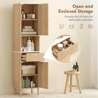 66 in Tall Bathroom Cabinet With Drawer, Oak