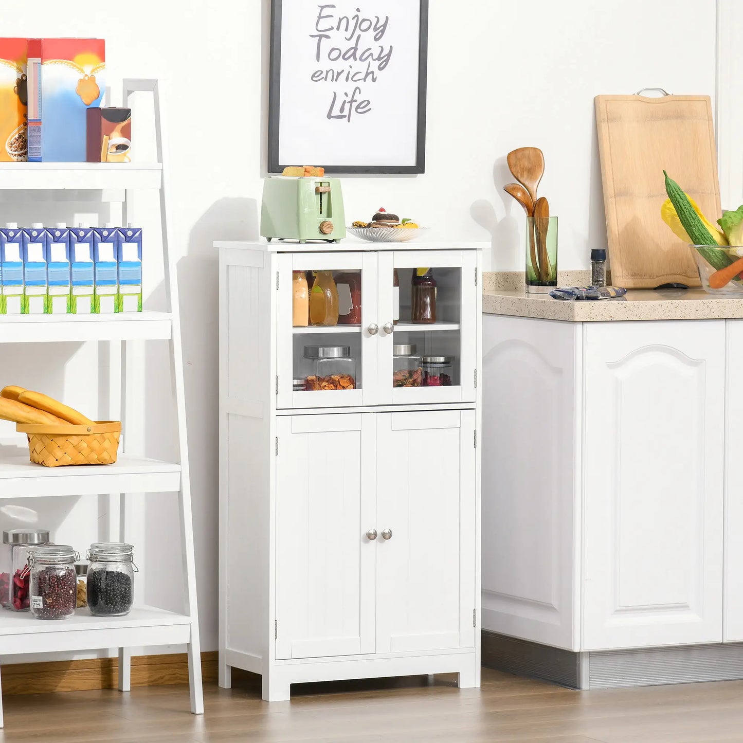 Bathroom Floor Storage Cabinet, Tempered Glass Doors, Adjustable Shelf, White Bathroom Cabinets at Gallery Canada