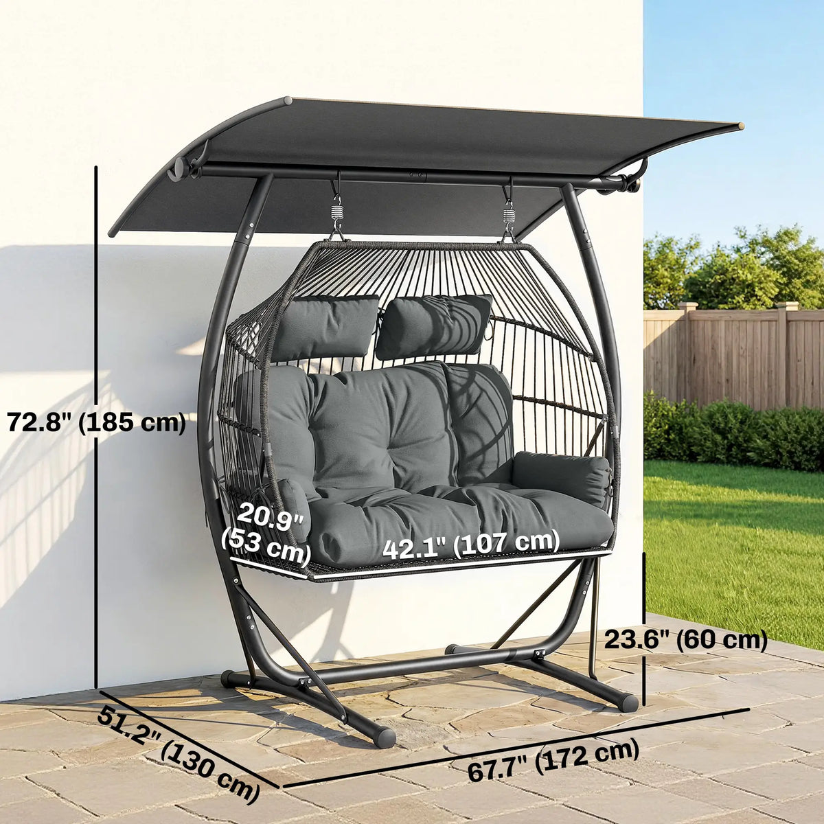 Hanging Double Egg Chair with Canopy, Cushion, Stand, Dark Grey