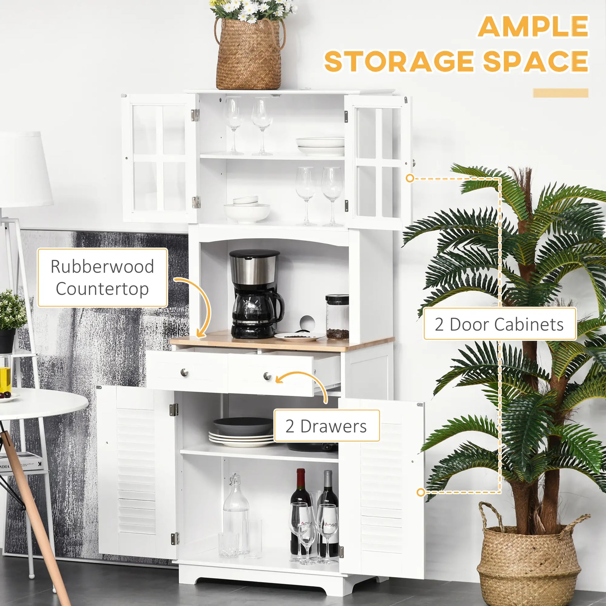 Coastal Kitchen Buffet Hutch, Wood Storage Cupboard, Glass Door, White Kitchen Pantry Cabinets at Gallery Canada