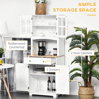 Coastal Kitchen Buffet Hutch, Wood Storage Cupboard, Glass Door, White Kitchen Pantry Cabinets at Gallery Canada